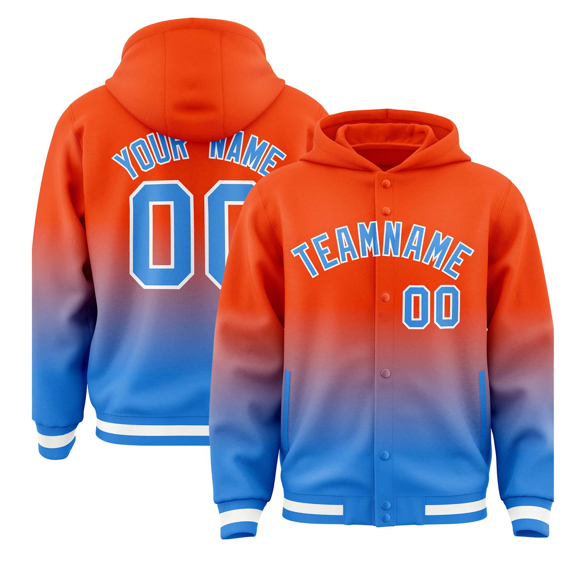 Custom Orange Blue Varsity Full-Snap Letterman Gradient Hoodie Jacket