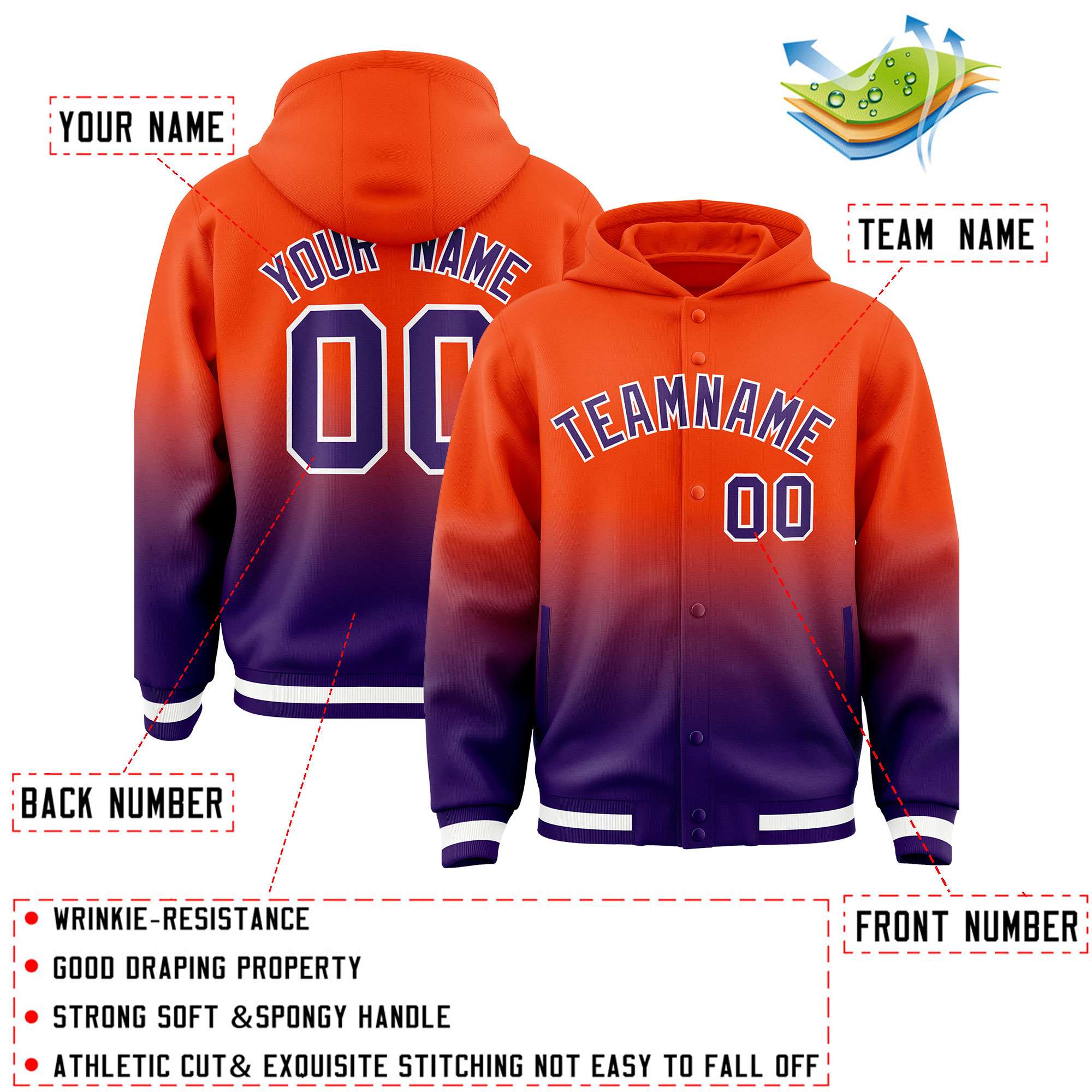 Custom Orange Purple Varsity Full-Snap Letterman Gradient Hoodie Jacket