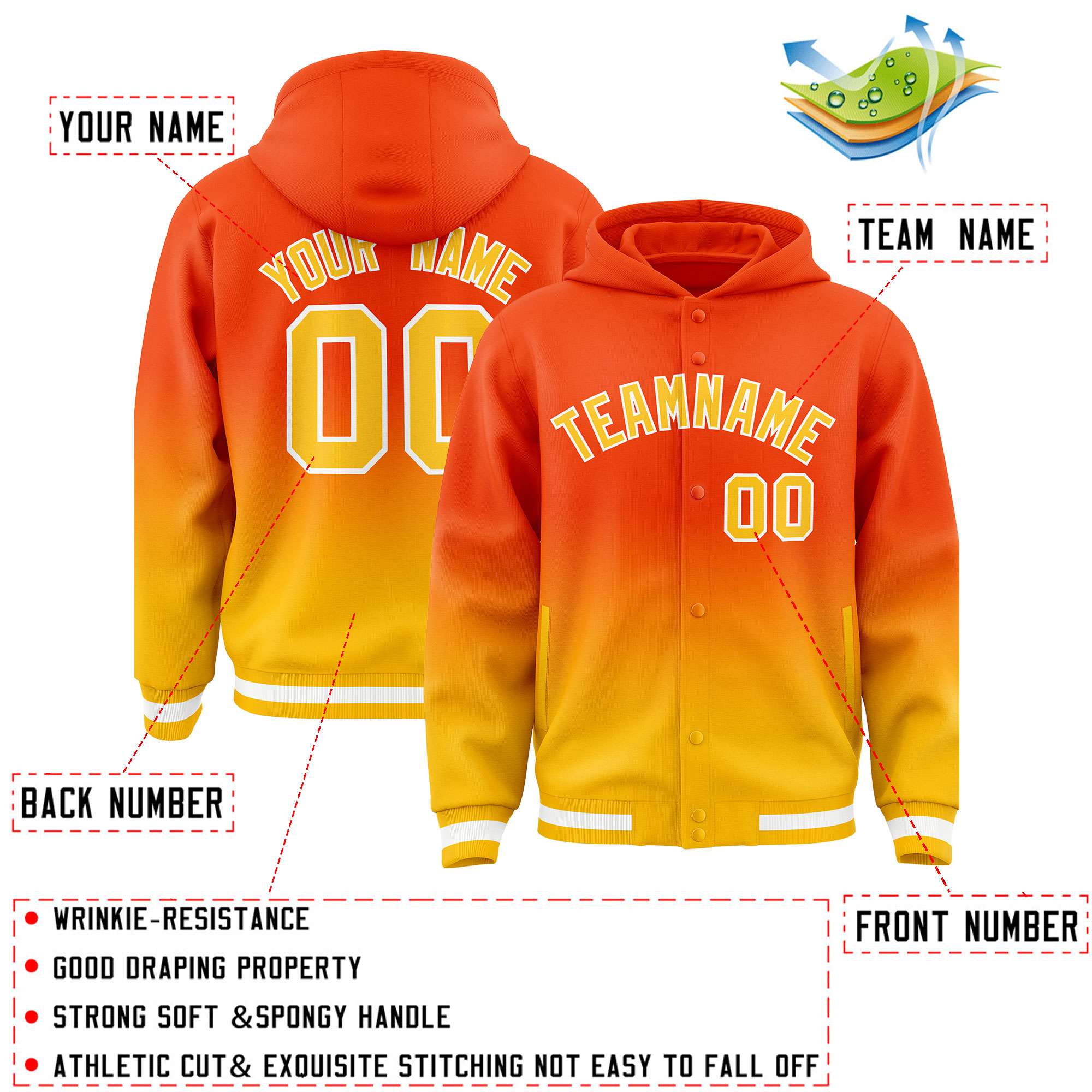 Custom Orange Yellow Varsity Full-Snap Letterman Gradient Hoodie Jacket