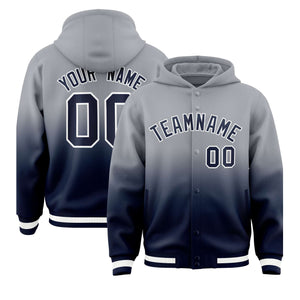 Custom Gray Navy Varsity Full-Snap Letterman Gradient Hoodie Jacket