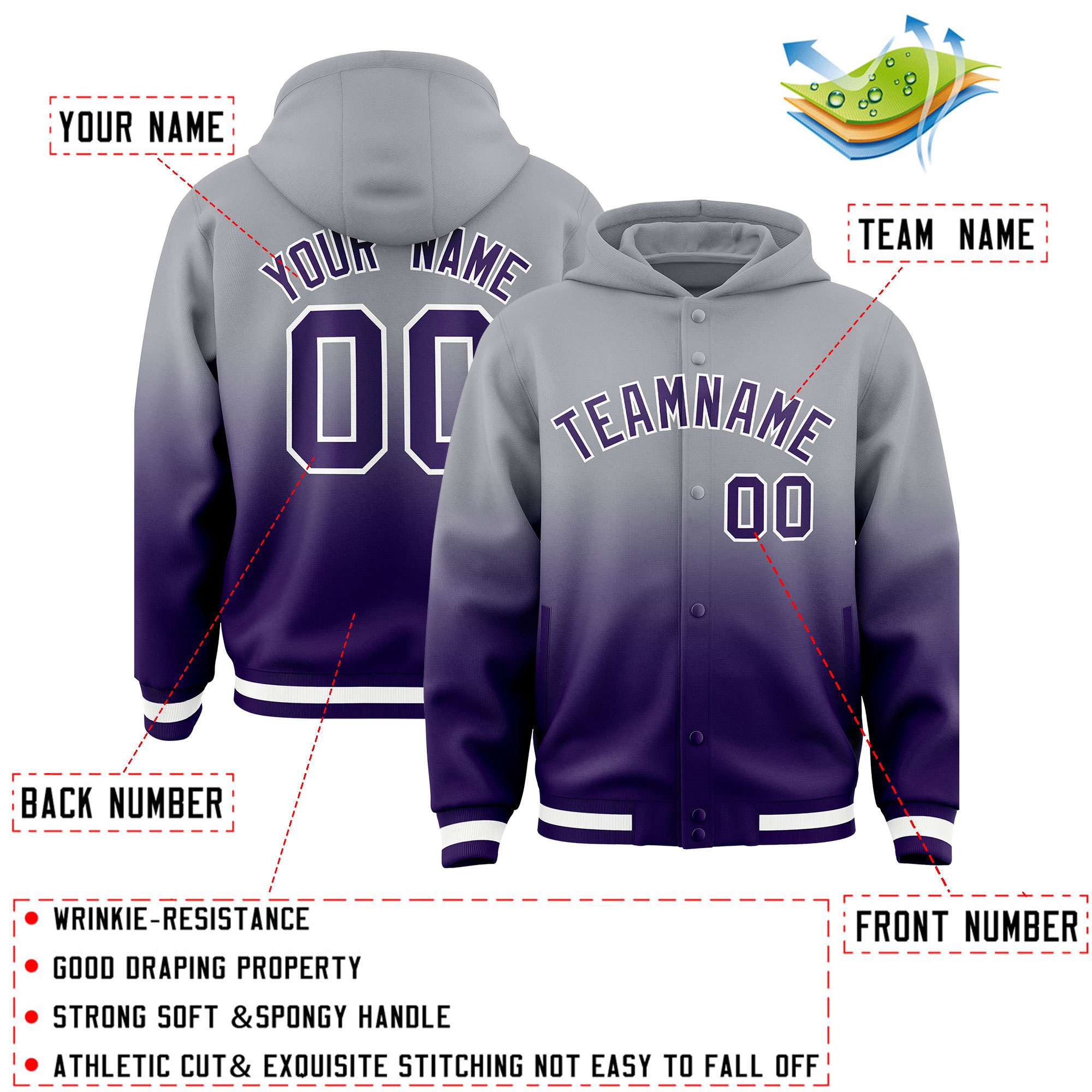 Custom Gray Purple Varsity Full-Snap Letterman Gradient Hoodie Jacket