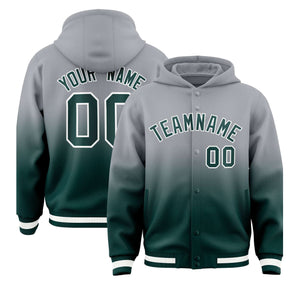 Custom Gray Midnight Green Varsity Full-Snap Letterman Gradient Hoodie Jacket