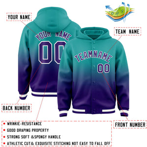 Custom Aqua Purple Varsity Full-Snap Letterman Gradient Hoodie Jacket