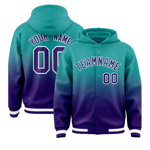 Custom Aqua Purple Varsity Full-Snap Letterman Gradient Hoodie Jacket