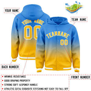 Custom Blue Yellow Varsity Full-Snap Letterman Gradient Hoodie Jacket