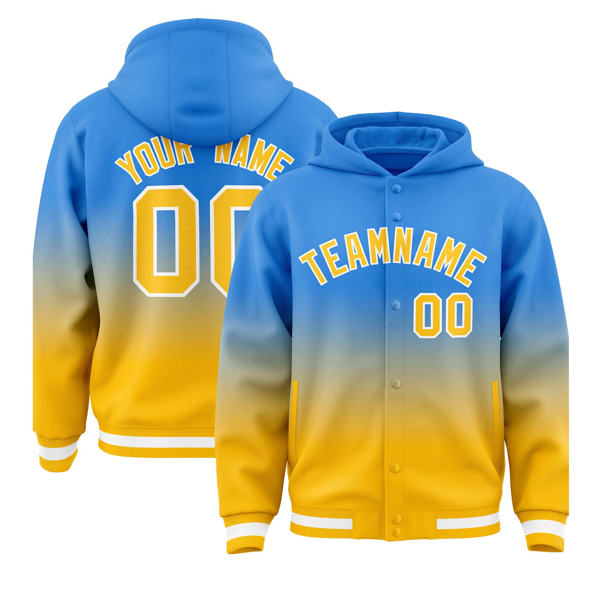 Custom Blue Yellow Varsity Full-Snap Letterman Gradient Hoodie Jacket