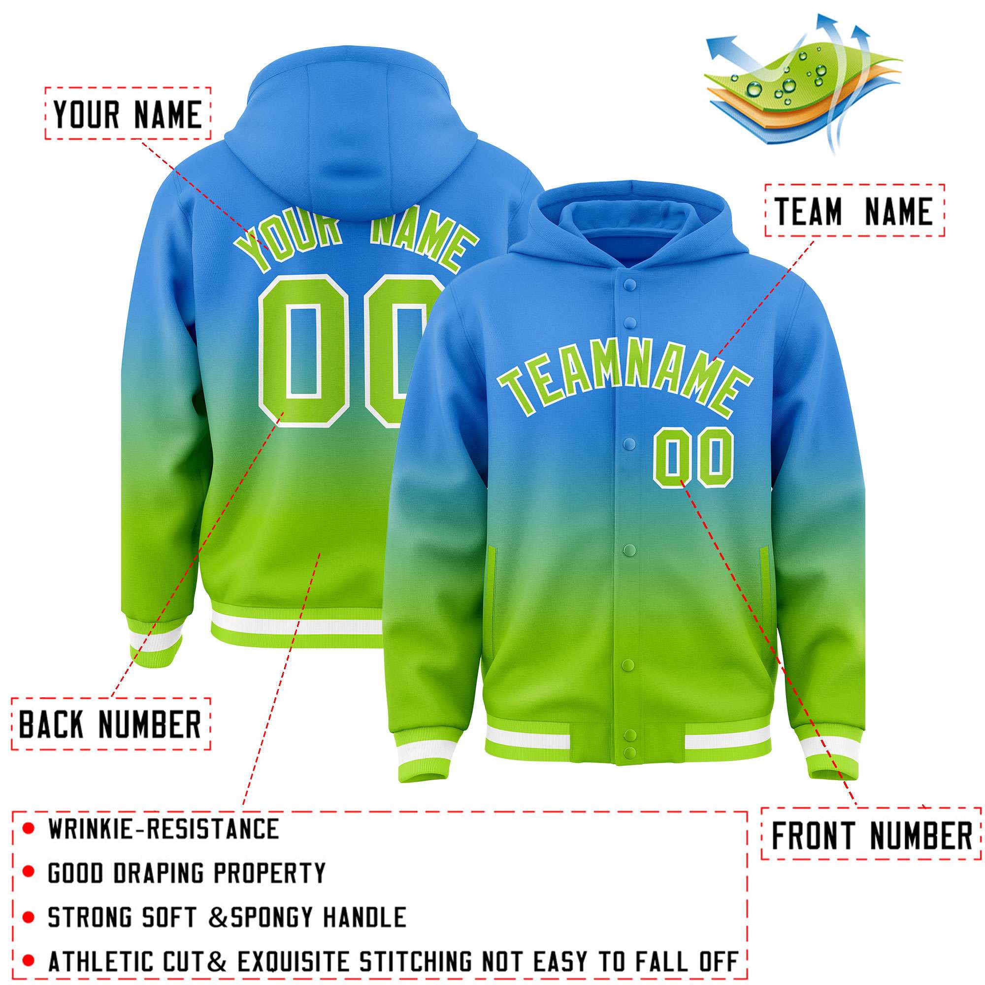 Custom Blue Neon Green Varsity Full-Snap Letterman Gradient Hoodie Jacket