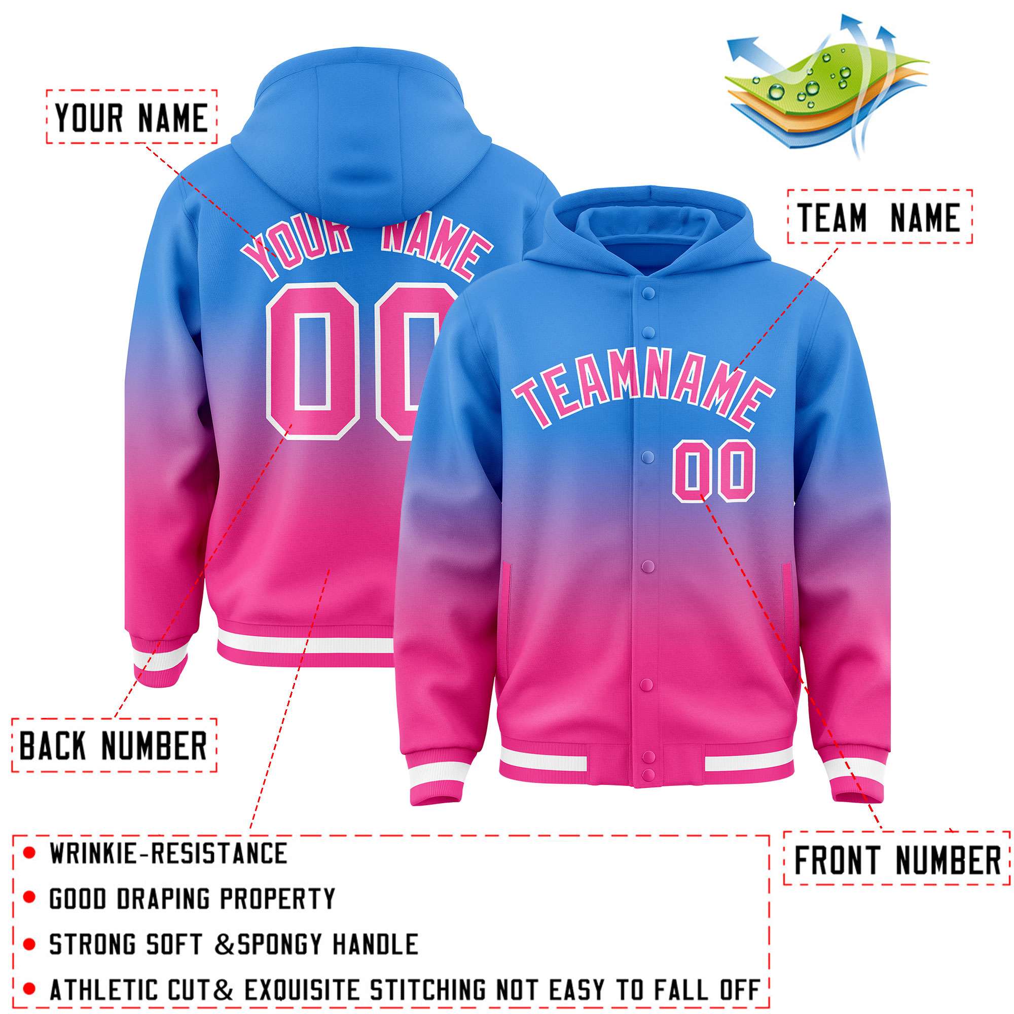 Custom Blue Pink Varsity Full-Snap Letterman Gradient Hoodie Jacket