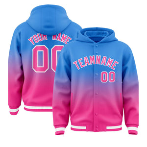 Custom Blue Pink Varsity Full-Snap Letterman Gradient Hoodie Jacket