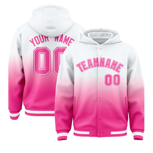 Custom White Pink Varsity Full-Snap Letterman Gradient Hoodie Jacket