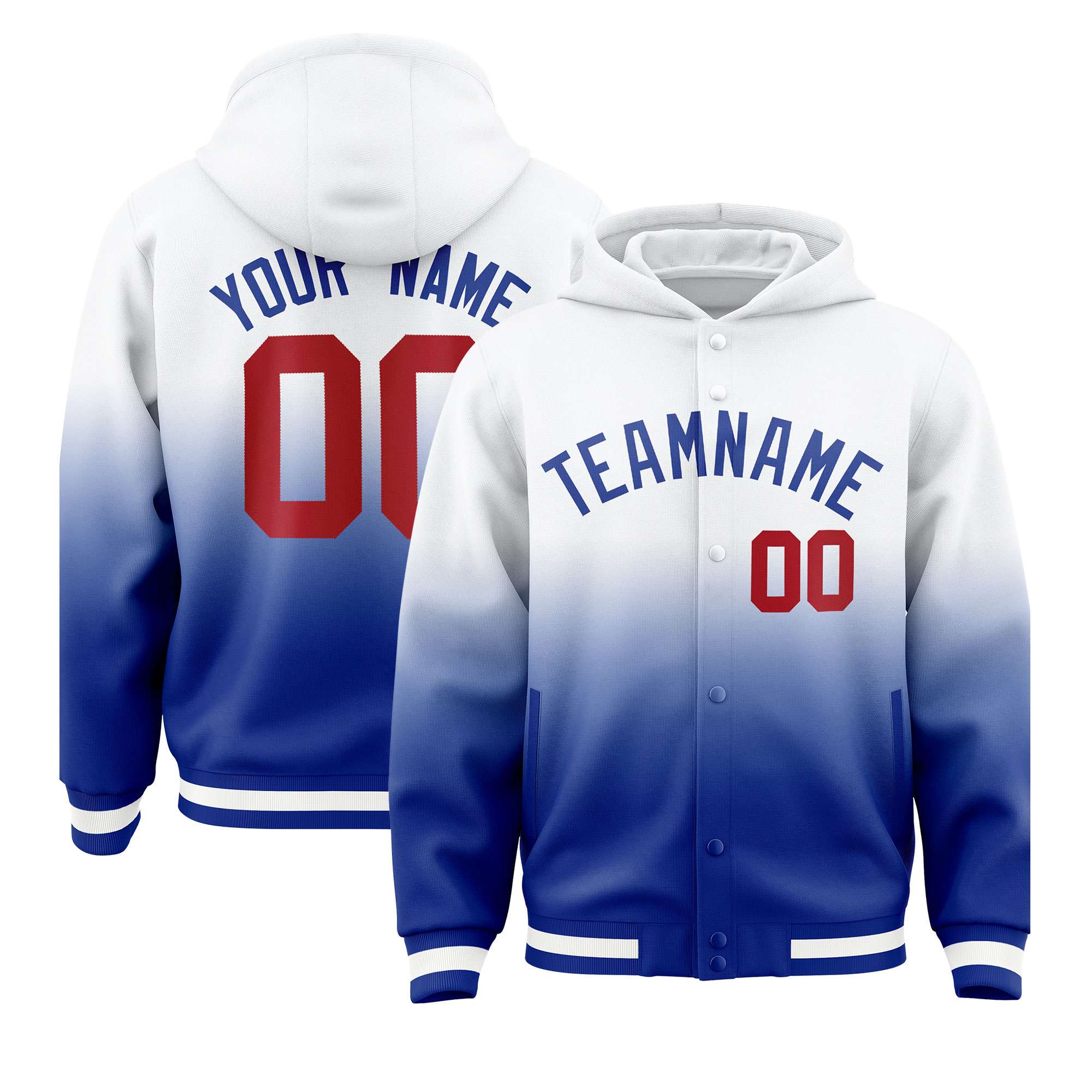 Custom White Royal Varsity Full-Snap Letterman Gradient Hoodie Jacket