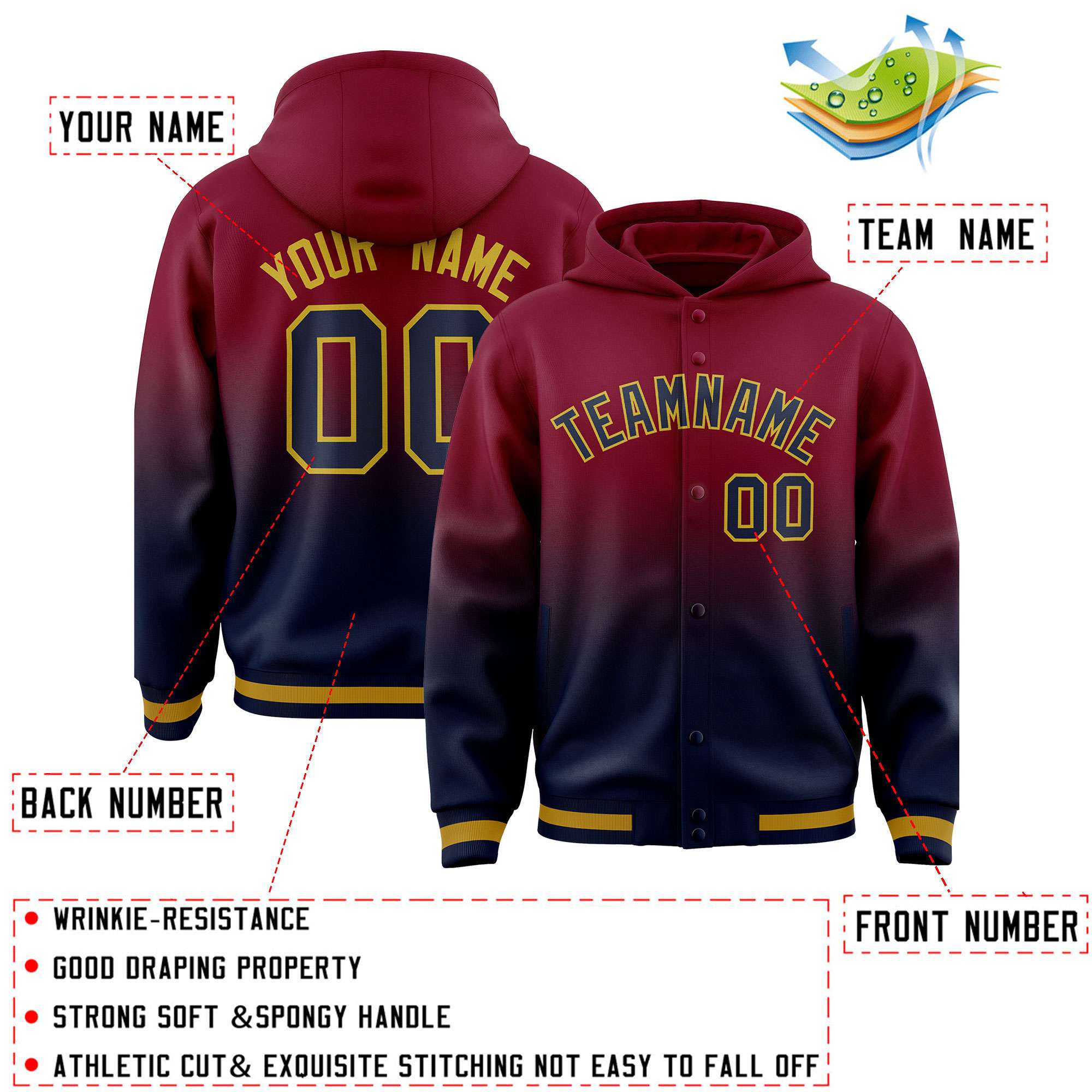 Custom Crimson Navy Varsity Full-Snap Letterman Gradient Hoodie Jacket