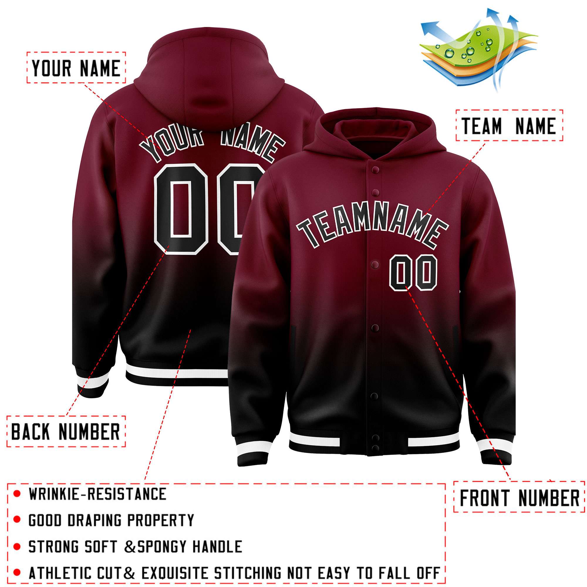 Custom Crimson Black Varsity Full-Snap Letterman Gradient Hoodie Jacket