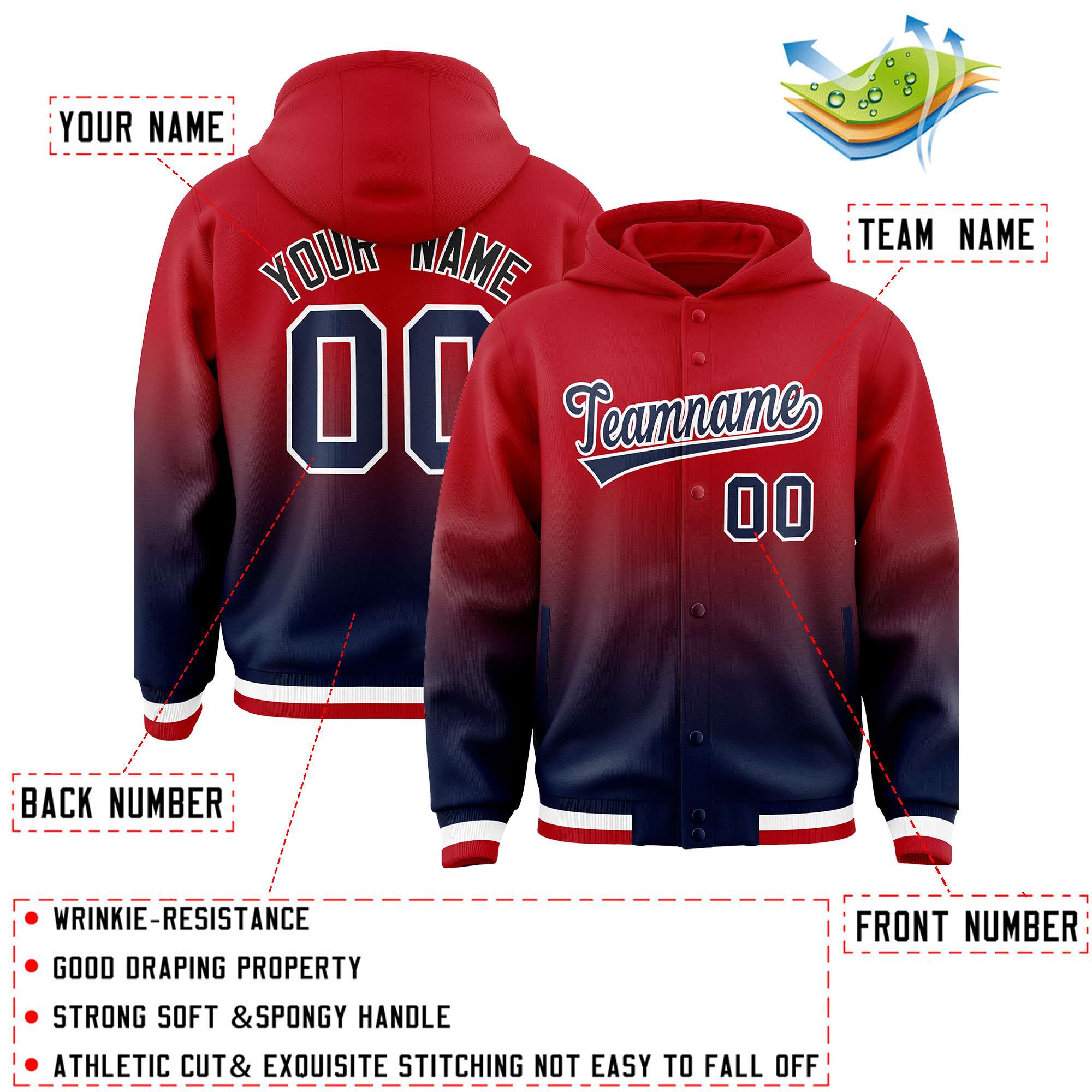 Custom Red Navy Varsity Full-Snap Letterman Gradient Hoodie Jacket