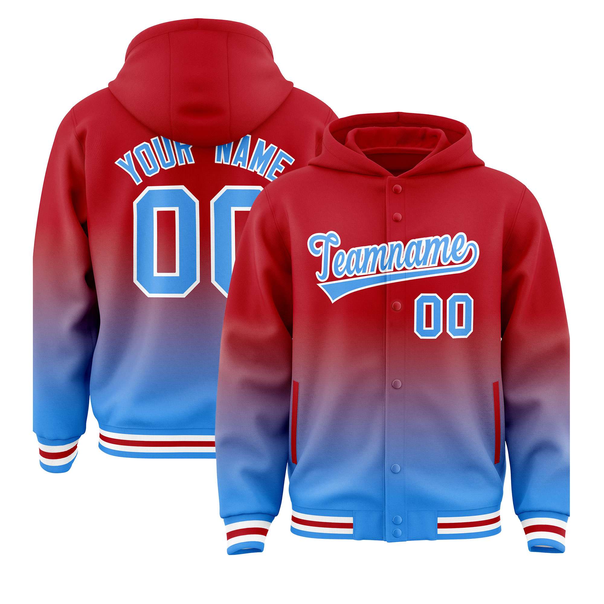 Custom Red Blue Varsity Full-Snap Letterman Gradient Hoodie Jacket