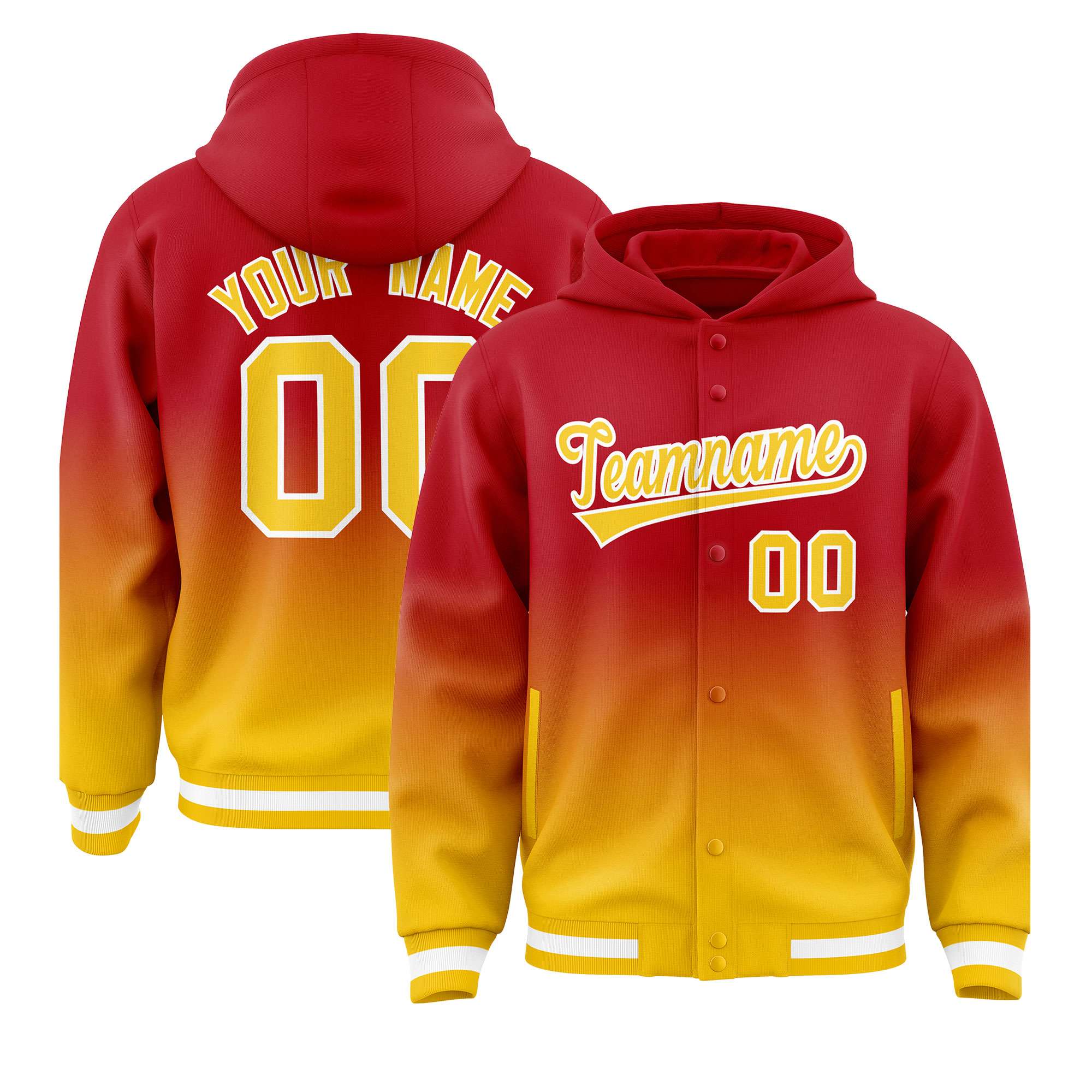 Custom Red Yellow Varsity Full-Snap Letterman Gradient Hoodie Jacket