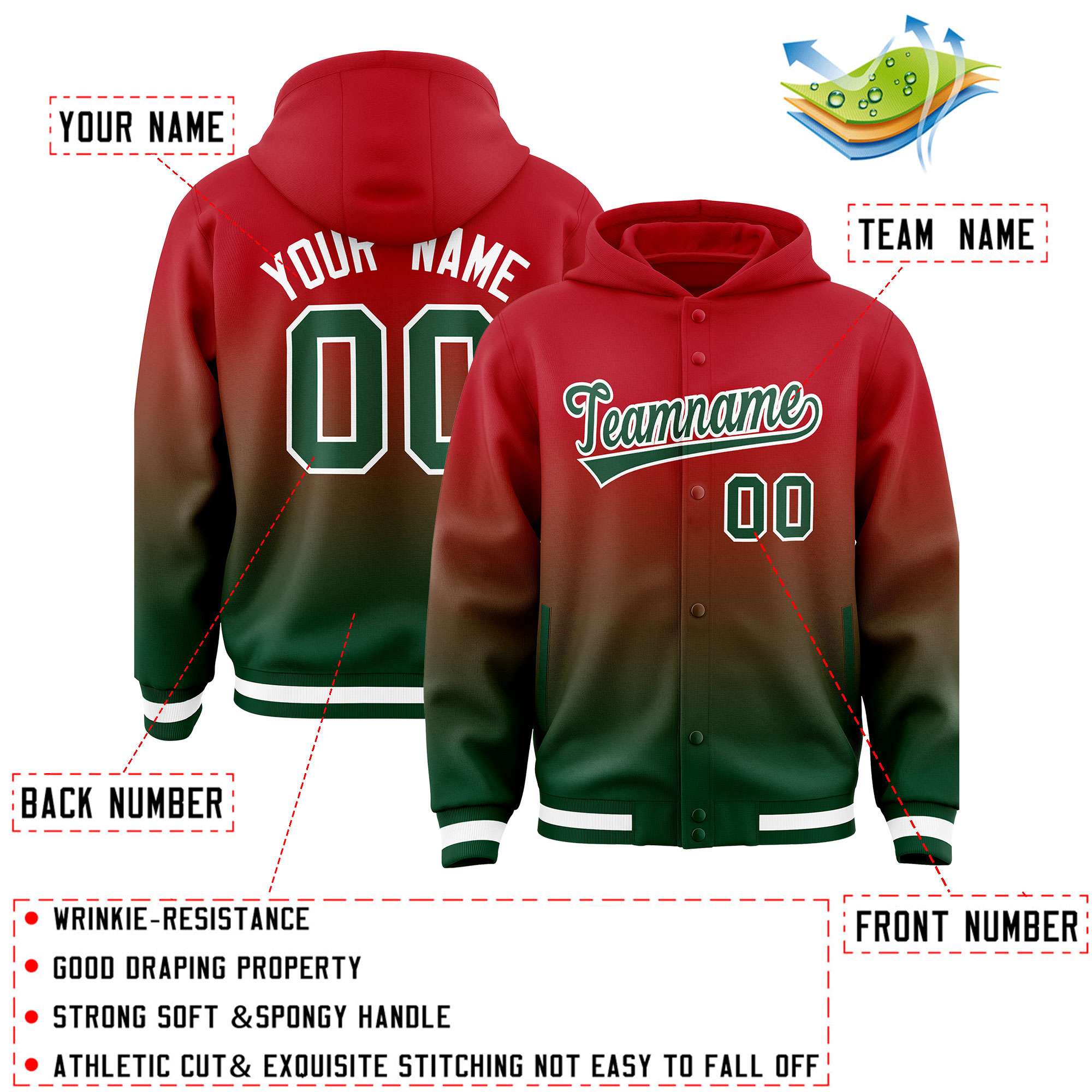 Custom Red Green Varsity Full-Snap Letterman Gradient Hoodie Jacket