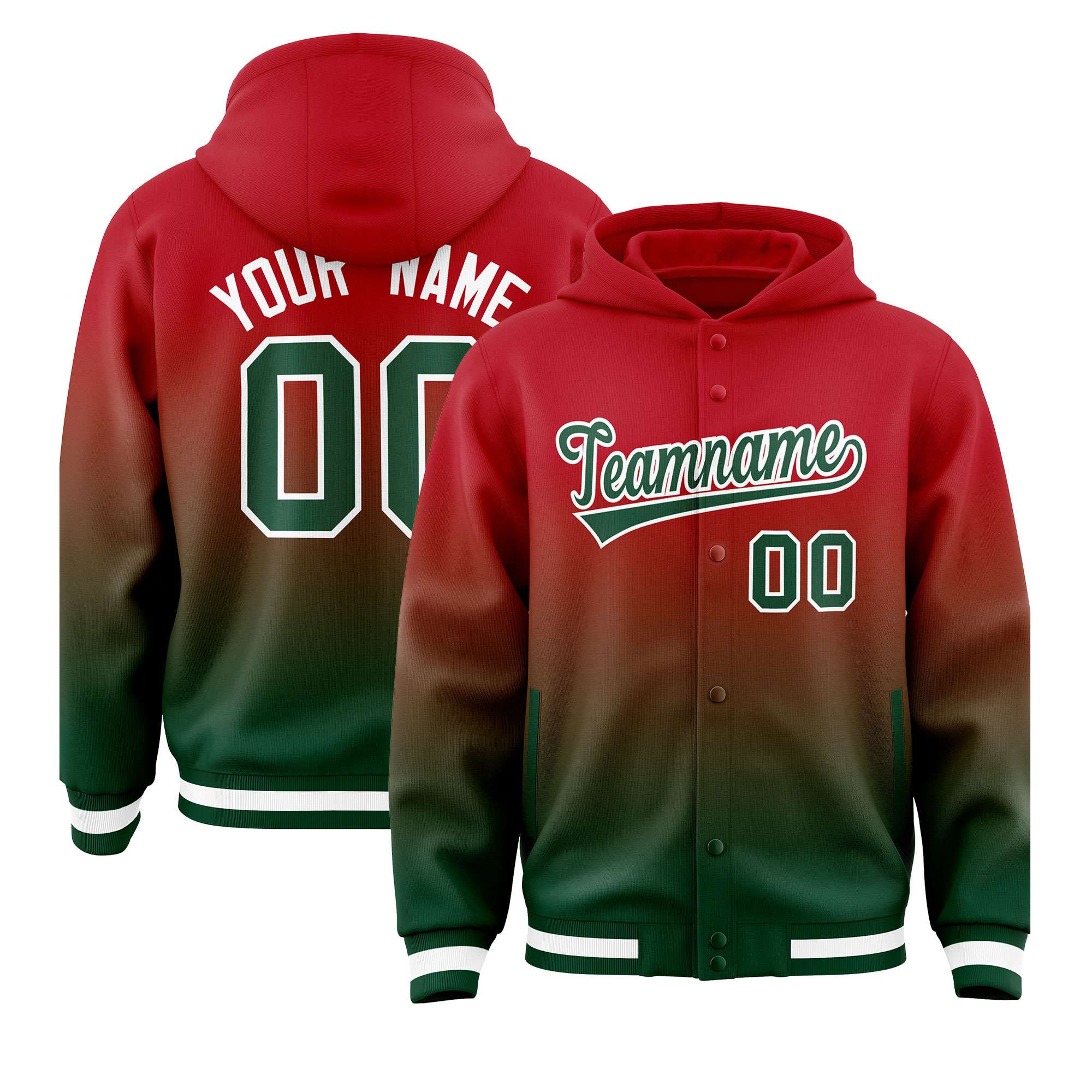 Custom Red Green Varsity Full-Snap Letterman Gradient Hoodie Jacket