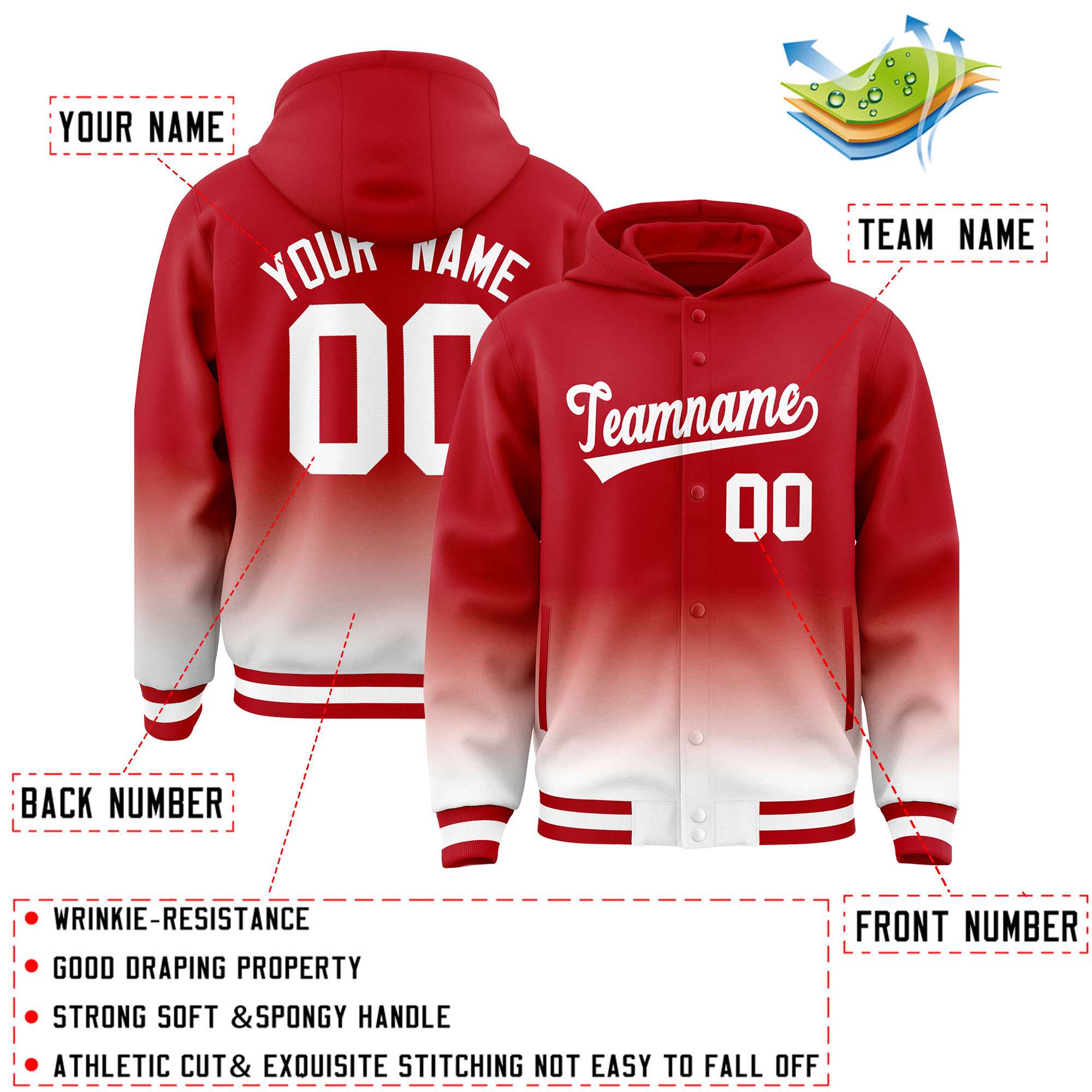 Custom Red White Varsity Full-Snap Letterman Gradient Hoodie Jacket