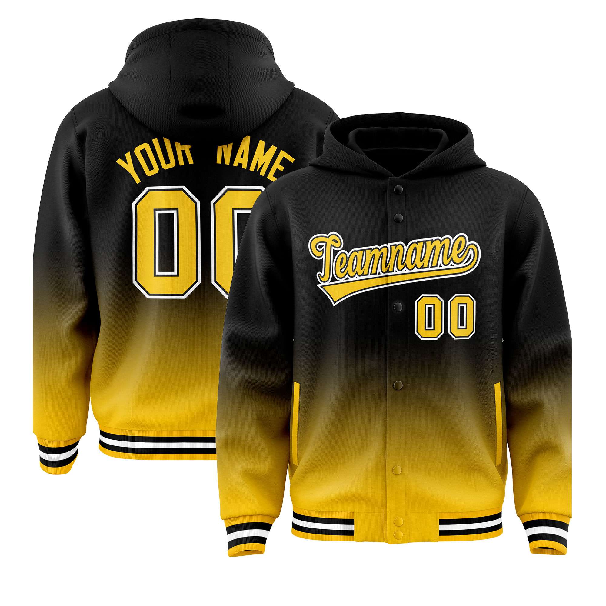 Custom Black Yellow Varsity Full-Snap Letterman Gradient Hoodie Jacket