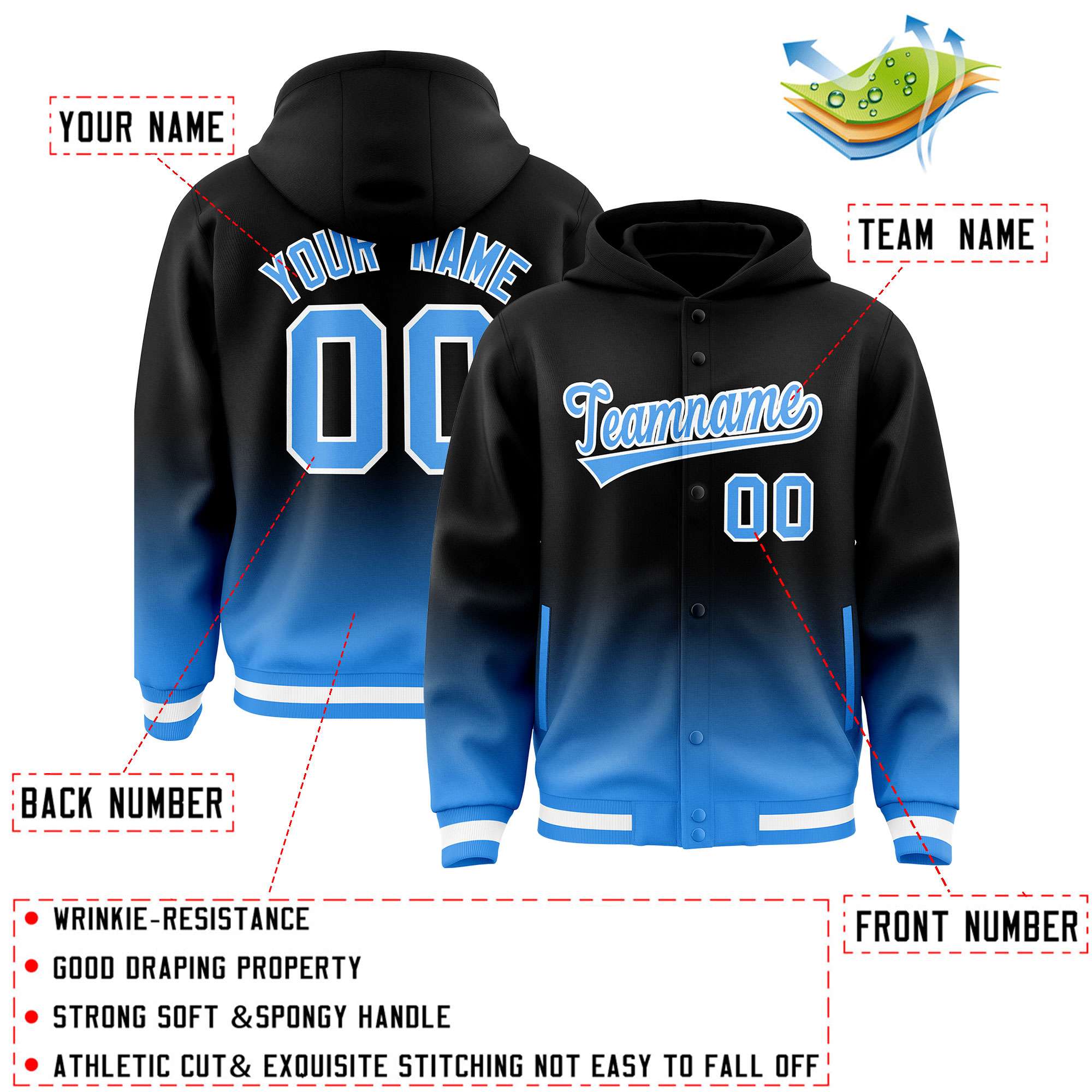 Custom Black Blue Varsity Full-Snap Letterman Gradient Hoodie Jacket