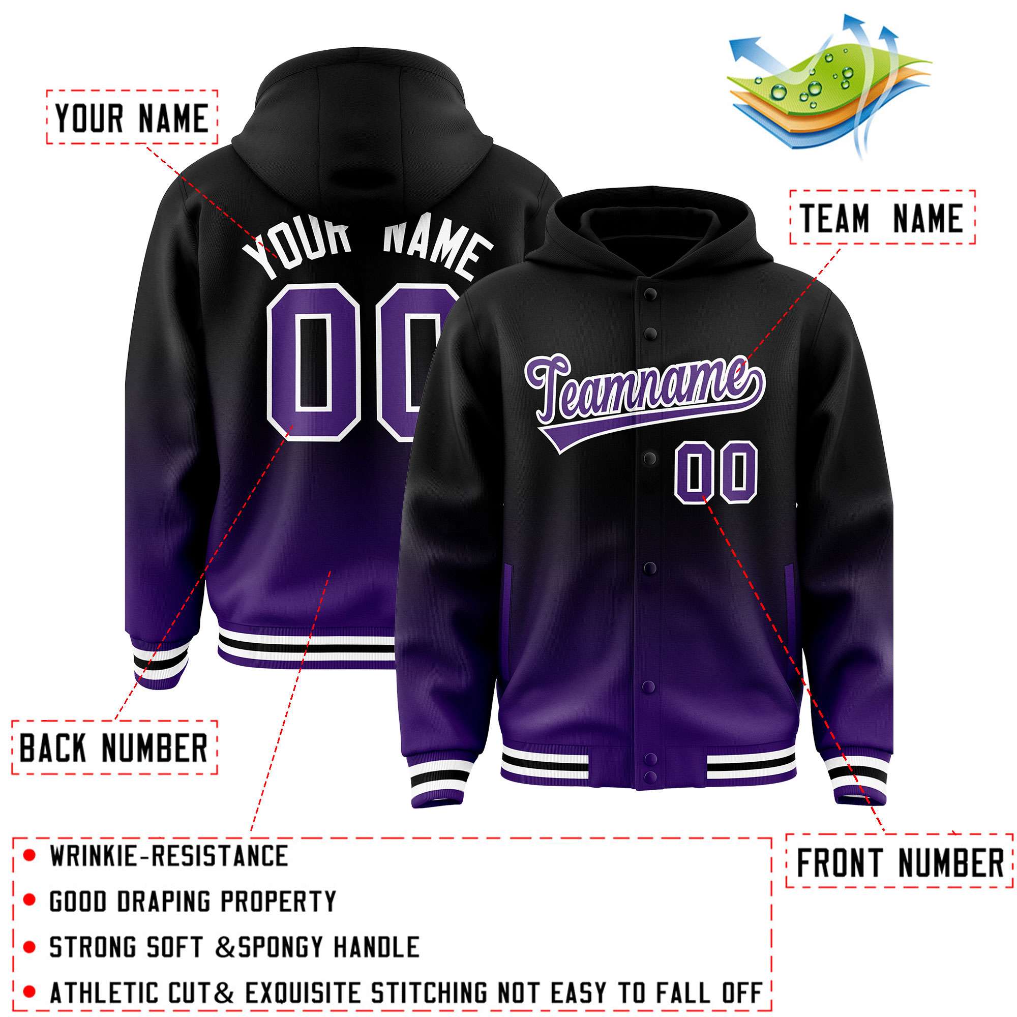 Custom Black Purple Varsity Full-Snap Letterman Gradient Hoodie Jacket