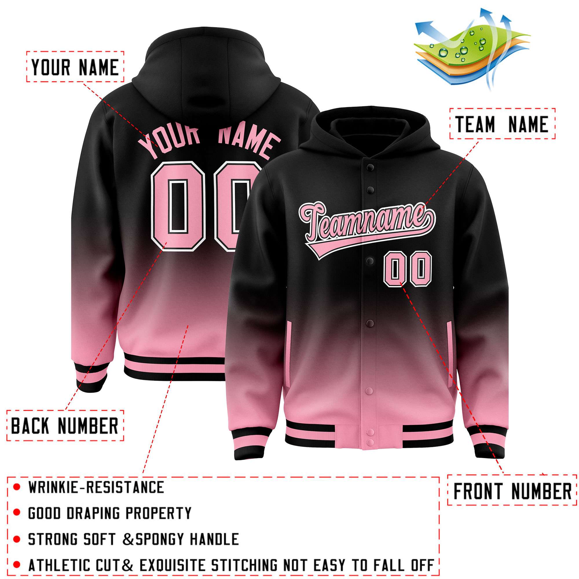 Custom Black Light Pink Varsity Full-Snap Letterman Gradient Hoodie Jacket