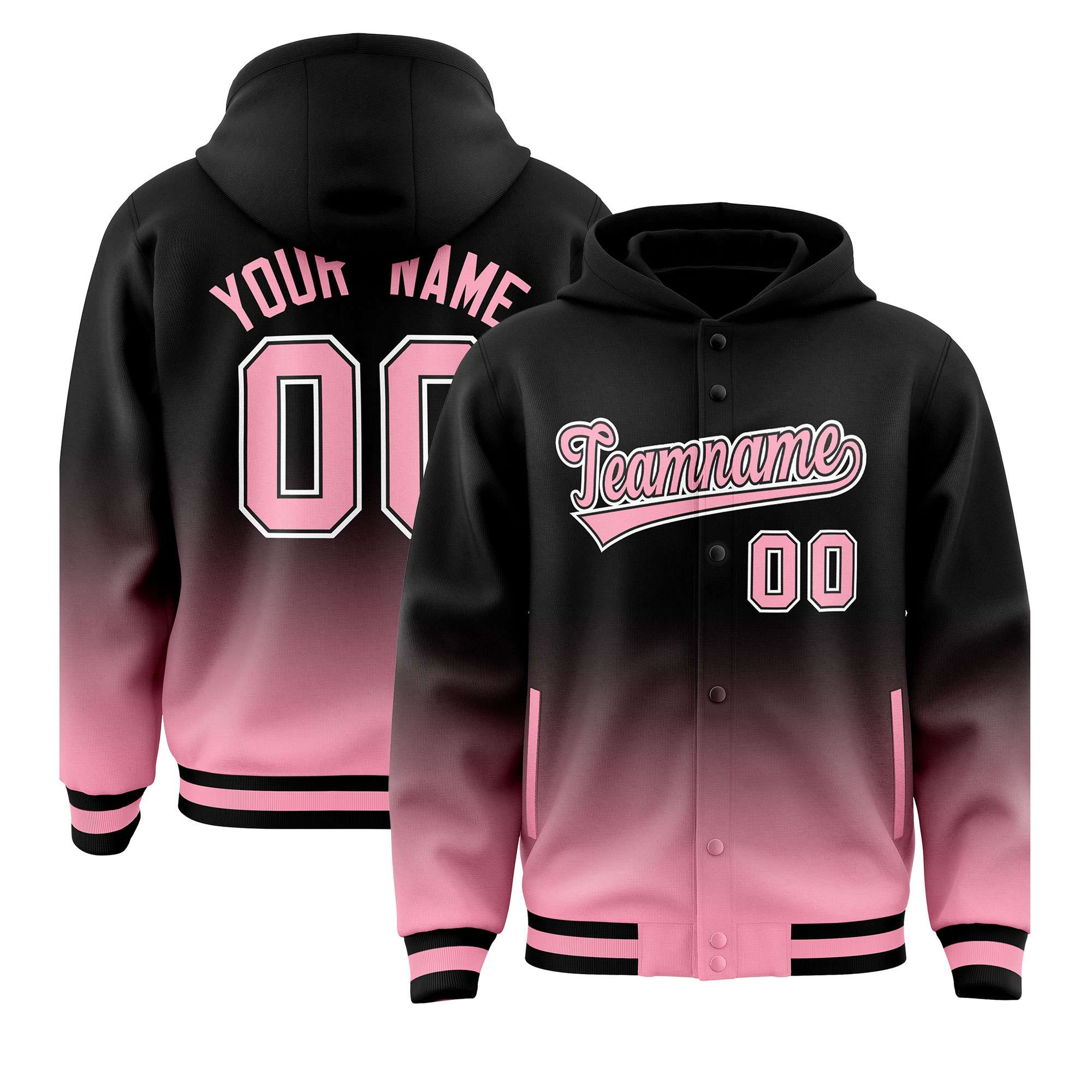 Custom Black Light Pink Varsity Full-Snap Letterman Gradient Hoodie Jacket