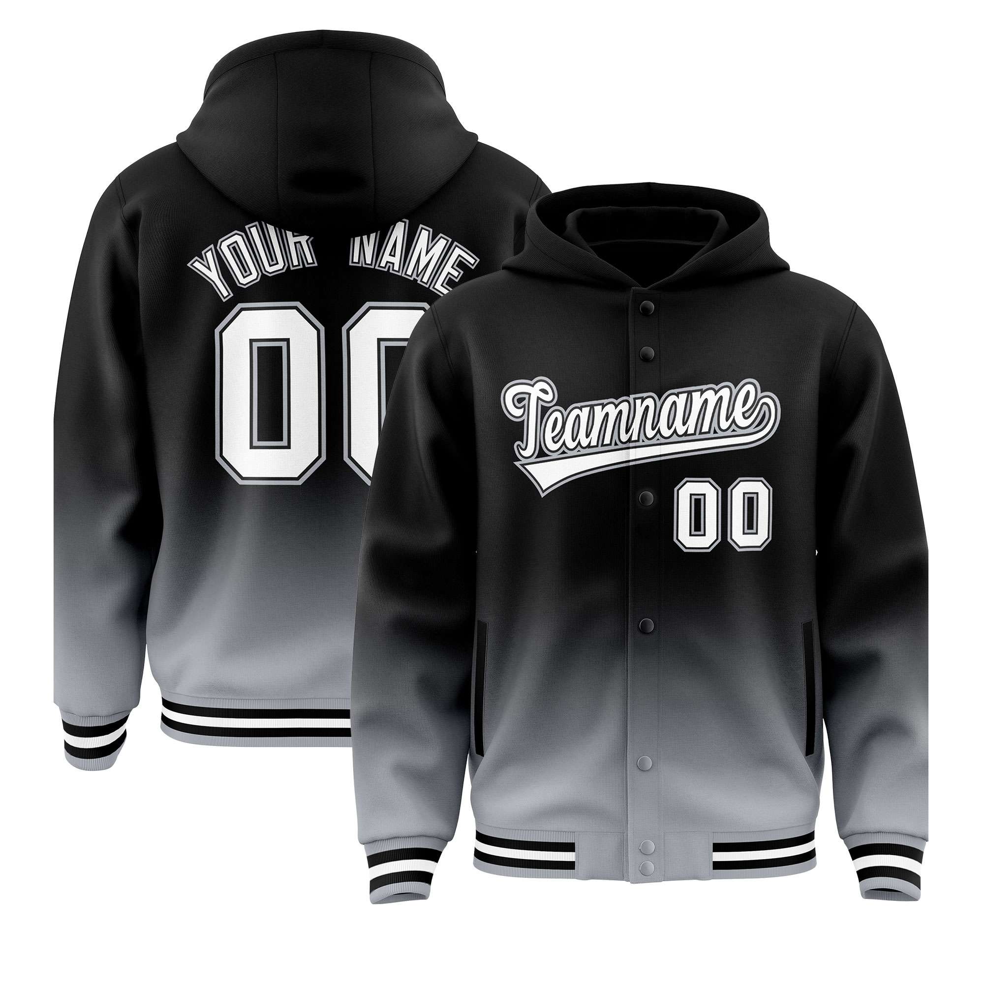 Custom Black Gray Varsity Full-Snap Letterman Gradient Hoodie Jacket