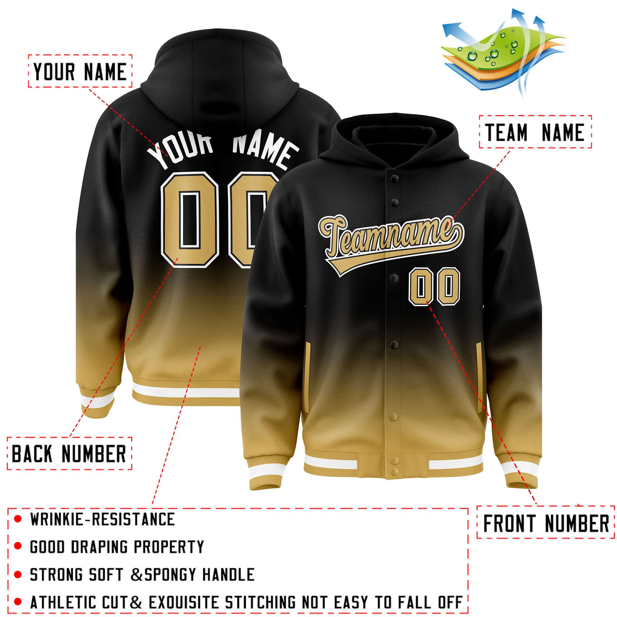 Custom Black Old Gold Varsity Full-Snap Letterman Gradient Hoodie Jacket