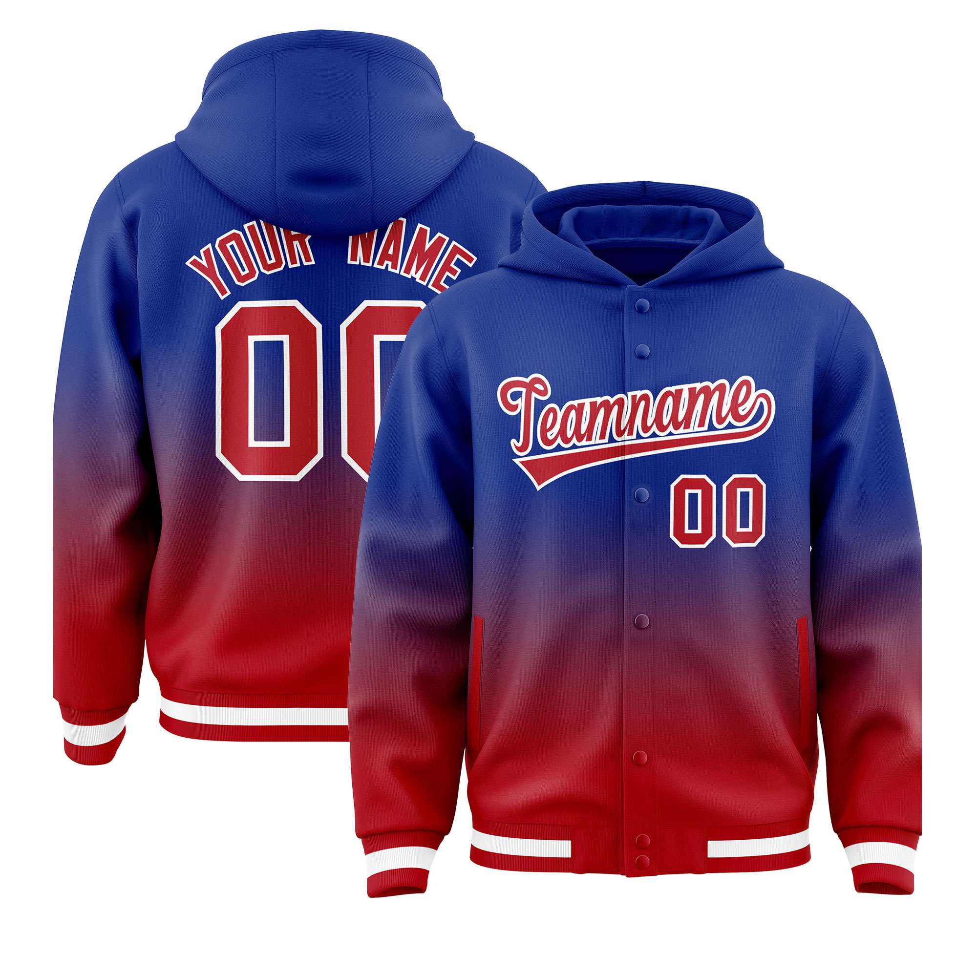 Custom Royal Red Varsity Full-Snap Letterman Gradient Hoodie Jacket