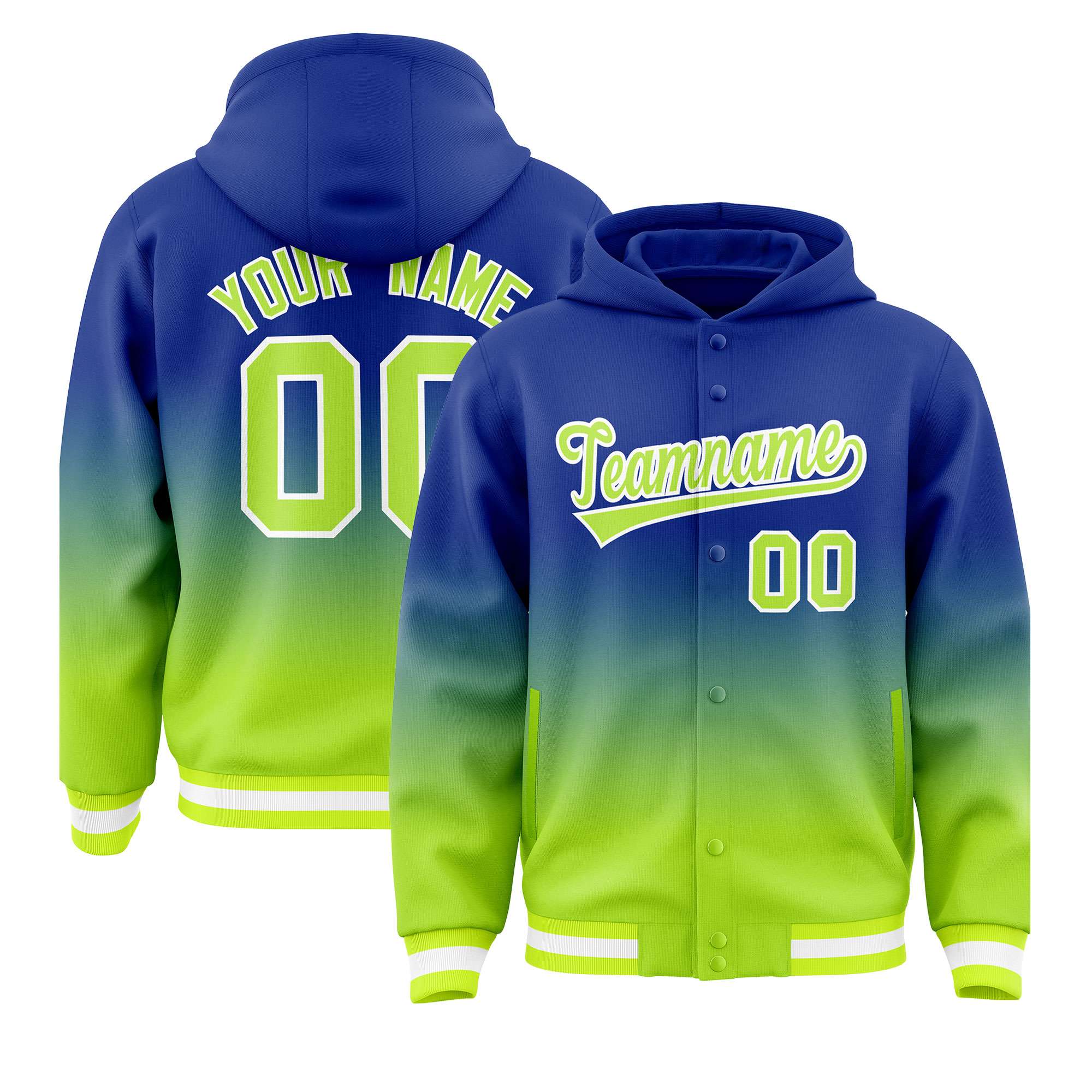 Custom Royal Neon Green Varsity Full-Snap Letterman Gradient Hoodie Jacket