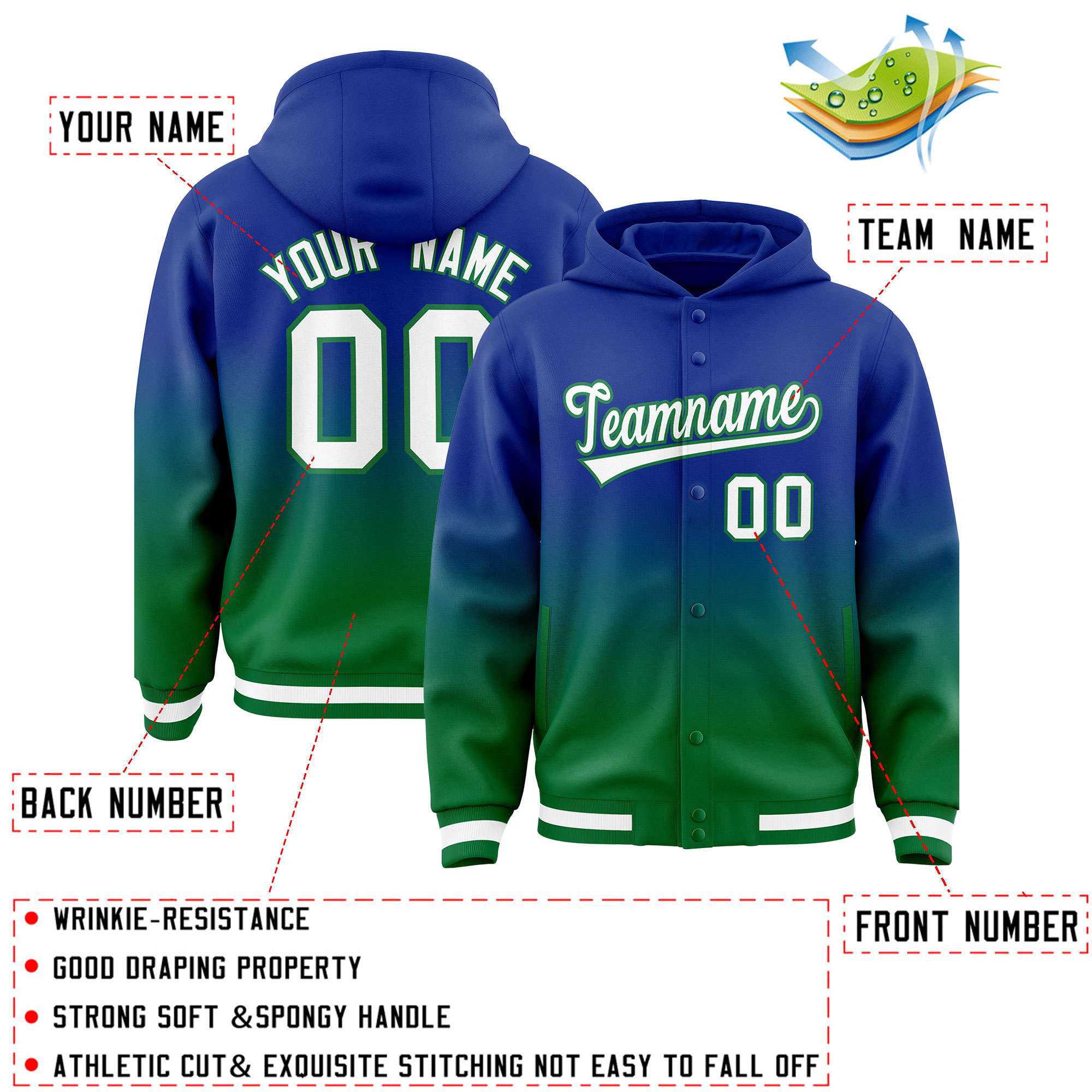 Custom Royal Green Varsity Full-Snap Letterman Gradient Hoodie Jacket