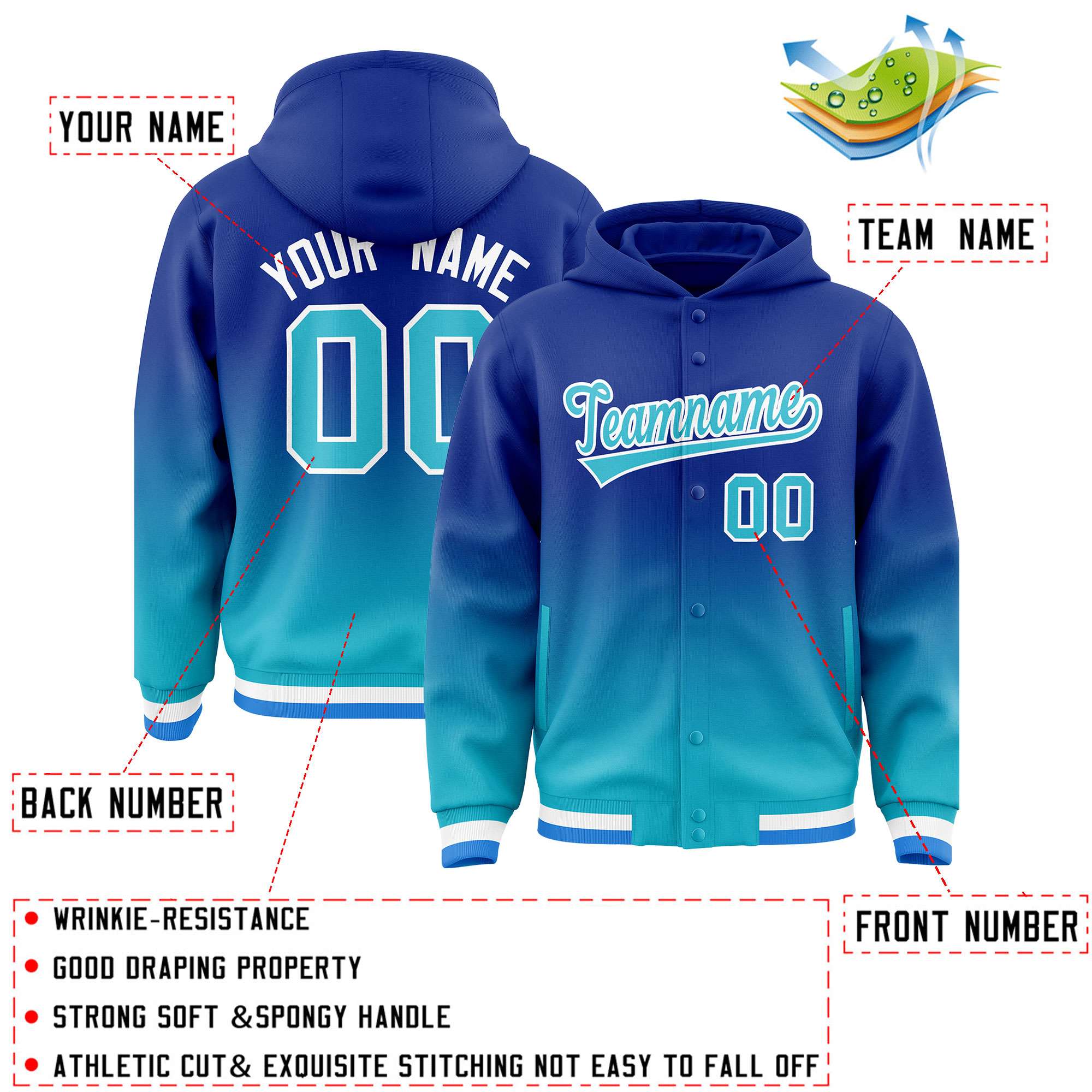 Custom Royal Sky Blue Varsity Full-Snap Letterman Gradient Hoodie Jacket