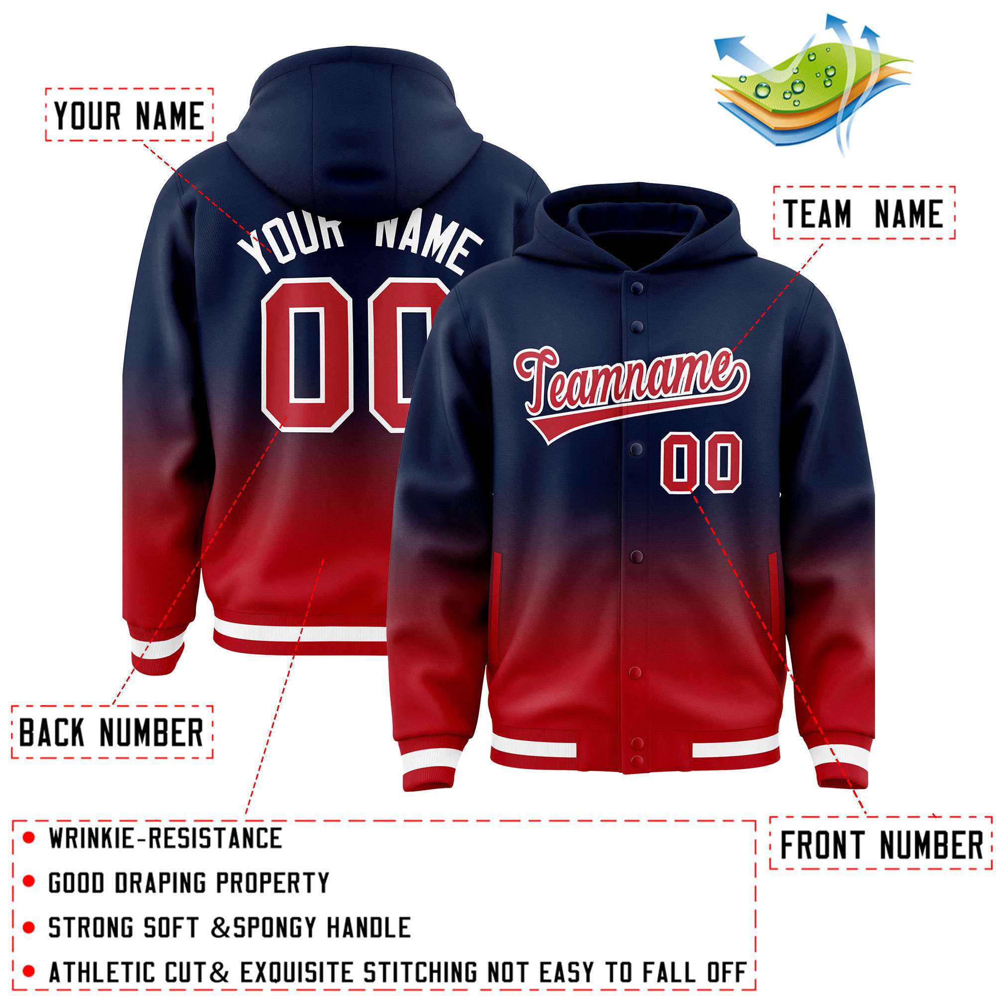 Custom Navy Red Varsity Full-Snap Letterman Gradient Hoodie Jacket