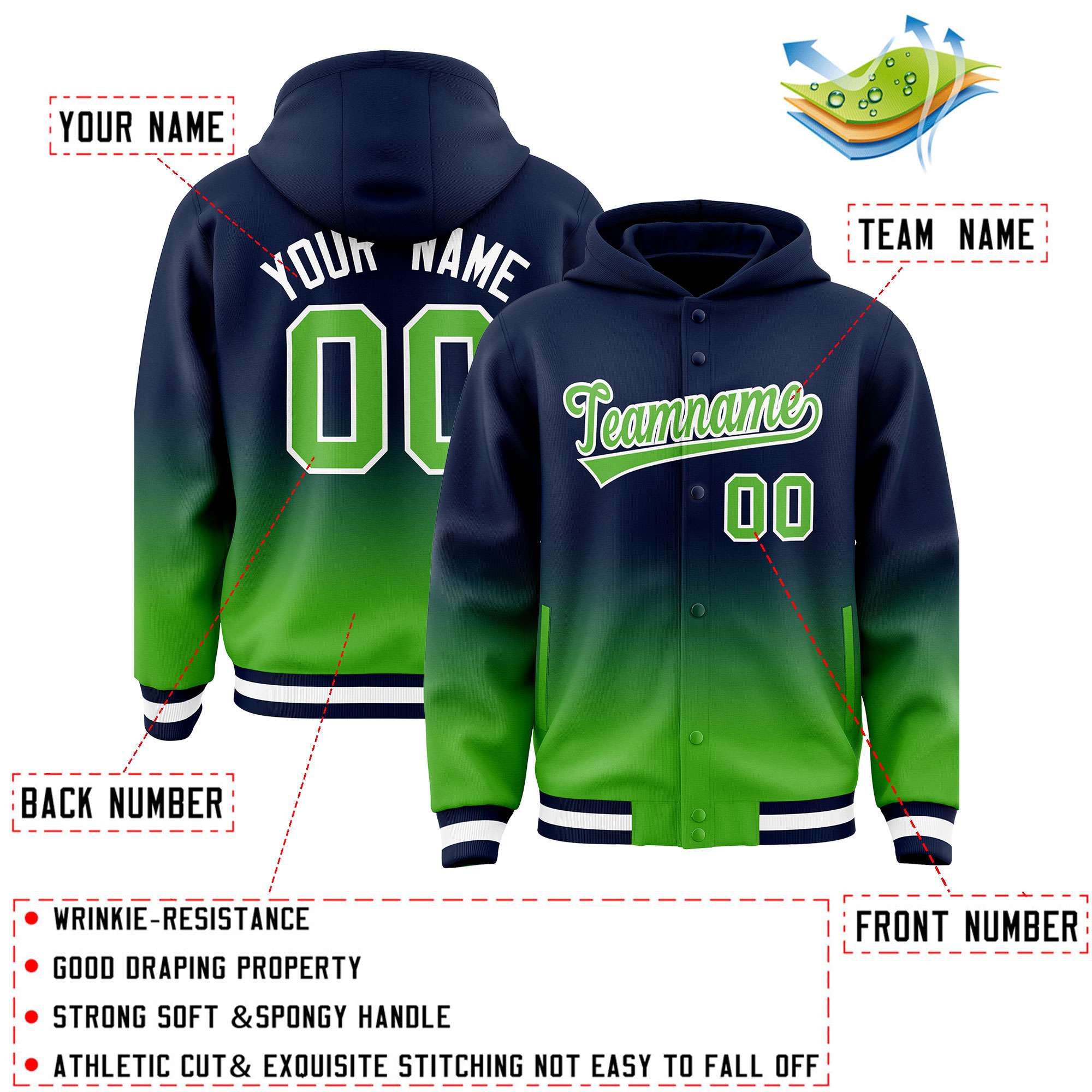 Custom Navy Light Green Varsity Full-Snap Letterman Gradient Hoodie Jacket