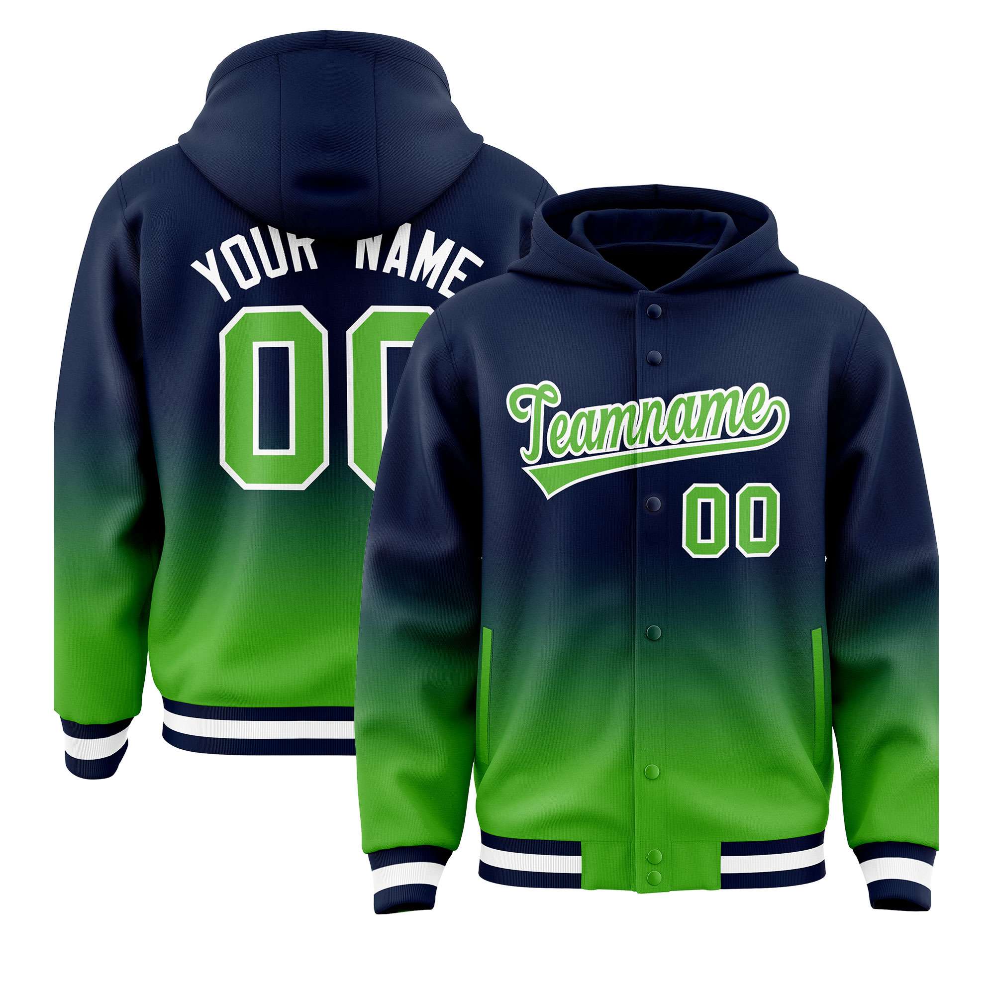 Custom Navy Light Green Varsity Full-Snap Letterman Gradient Hoodie Jacket