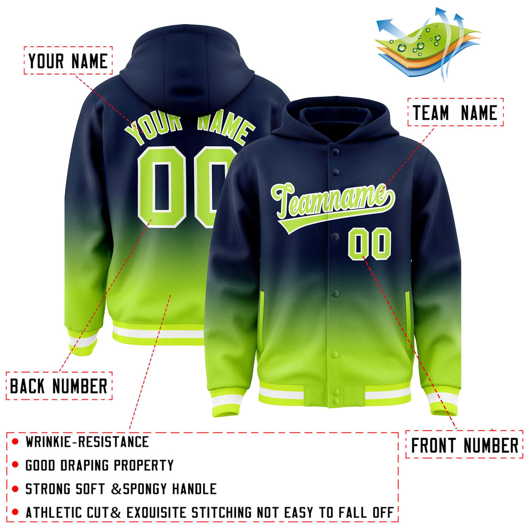 Custom Navy Neon Green Varsity Full-Snap Letterman Gradient Hoodie Jacket