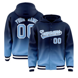 Custom Navy Powder Blue Varsity Full-Snap Letterman Gradient Hoodie Jacket