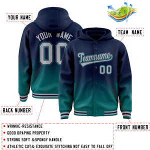 Custom Navy Aqua Varsity Full-Snap Letterman Gradient Hoodie Jacket