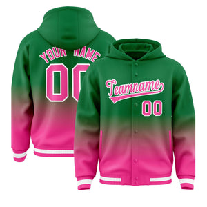 Custom Green Pink Varsity Full-Snap Letterman Gradient Hoodie Jacket