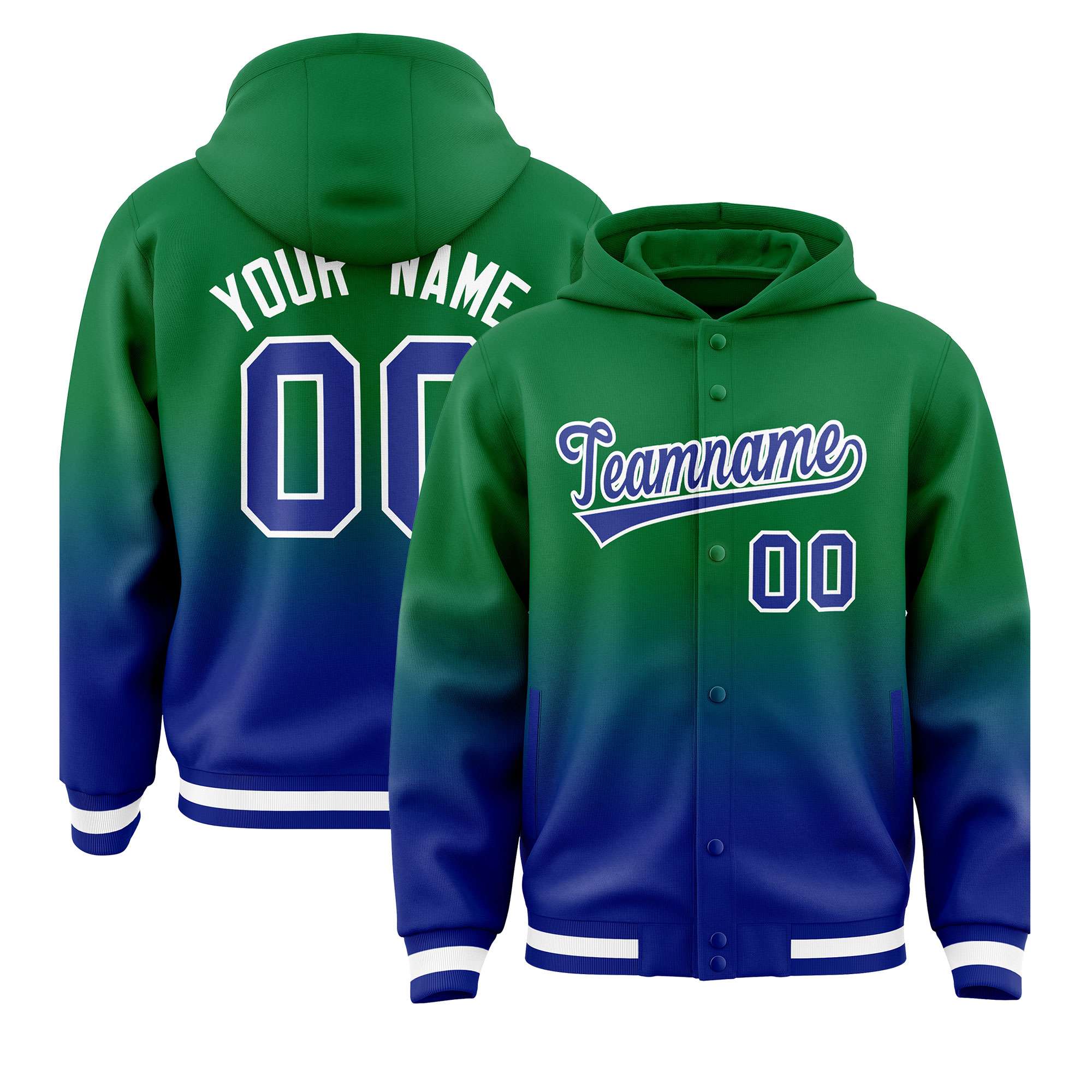 Custom Green Royal Varsity Full-Snap Letterman Gradient Hoodie Jacket