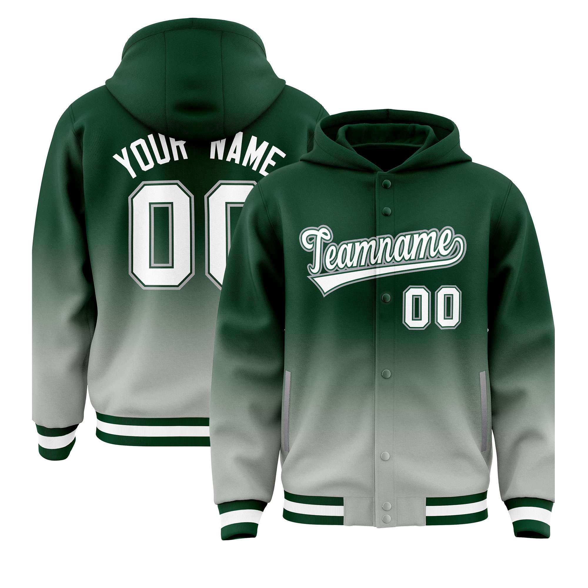 Custom Green Gray Varsity Full-Snap Letterman Gradient Hoodie Jacket