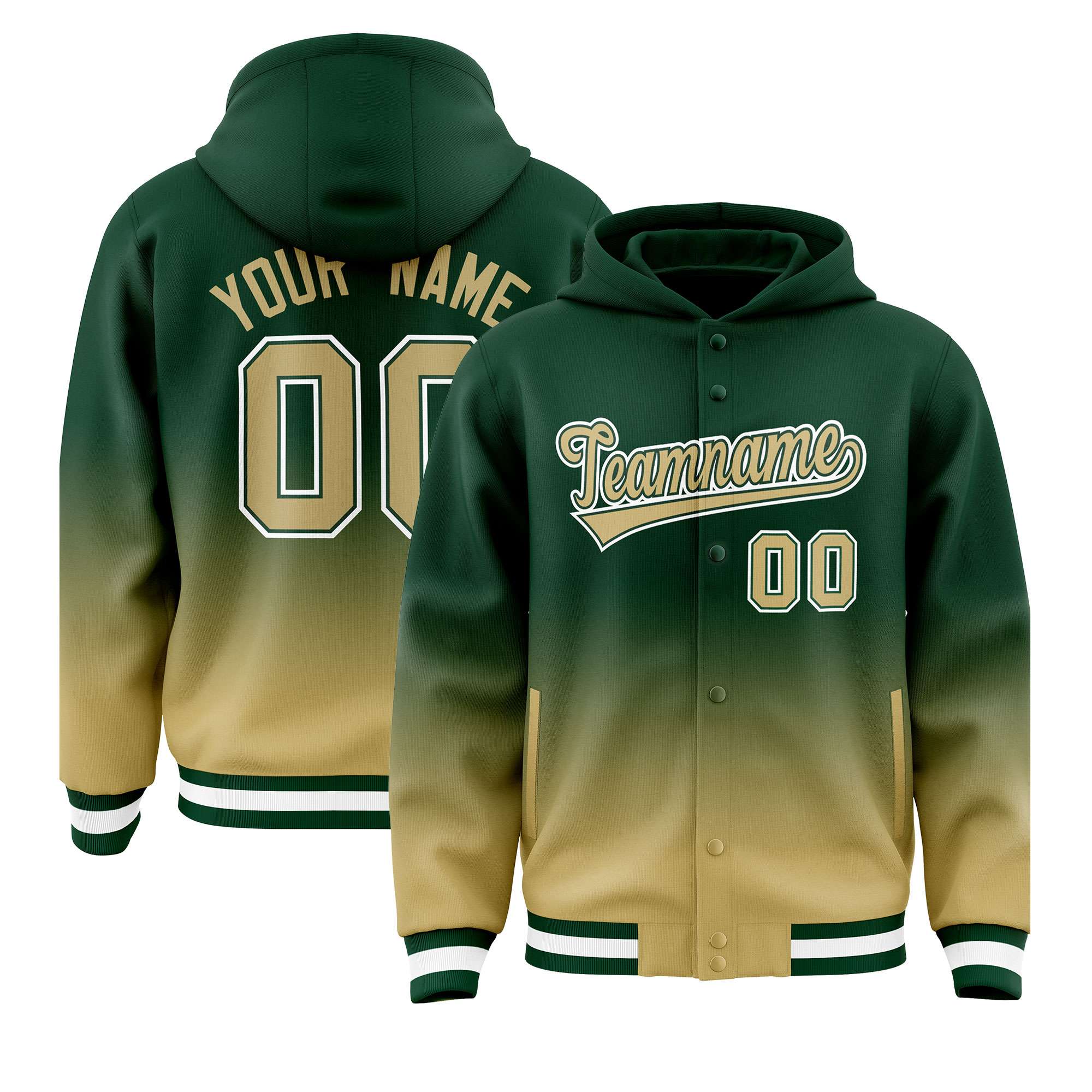 Custom Green Khaki Varsity Full-Snap Letterman Gradient Hoodie Jacket