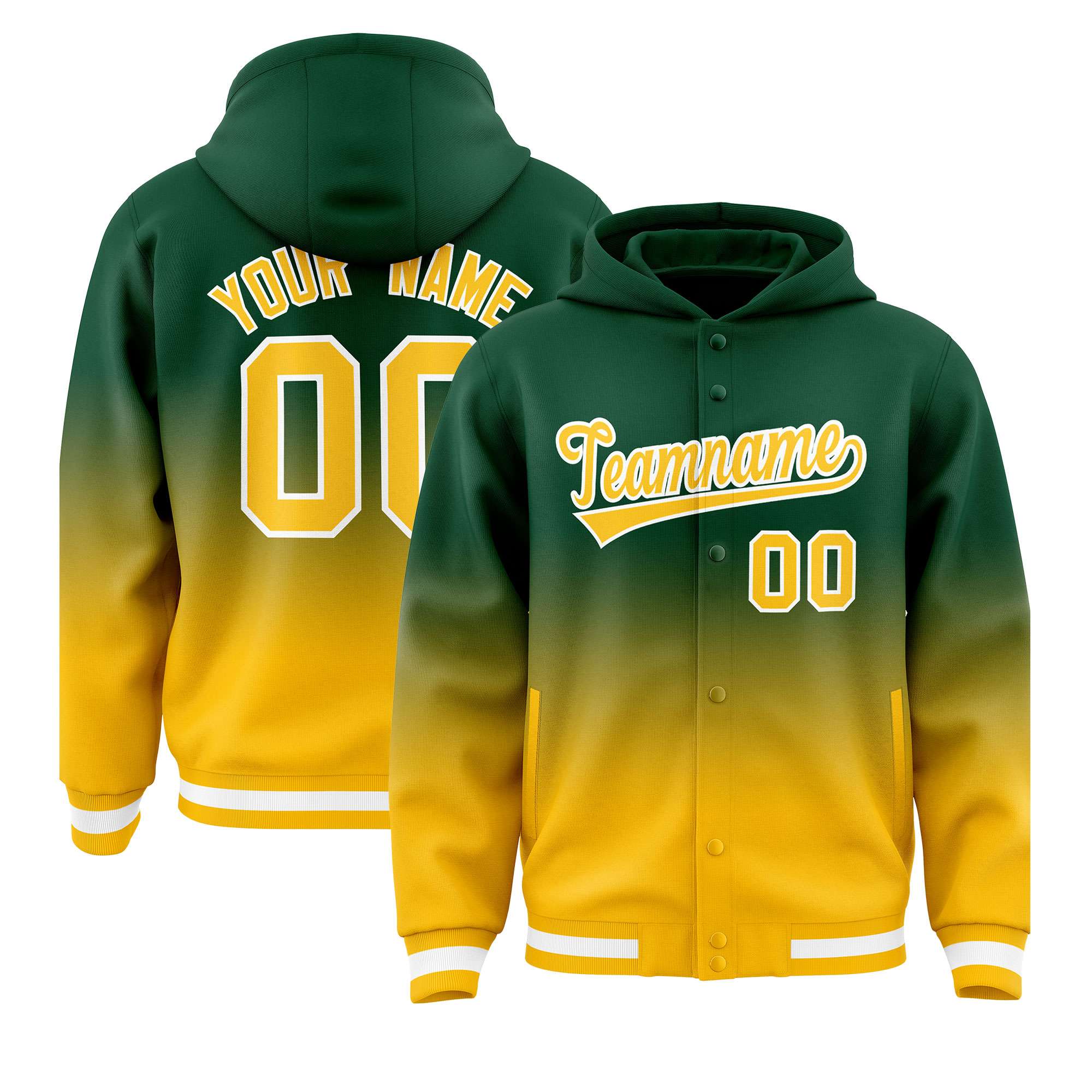 Custom Green Yellow Varsity Full-Snap Letterman Gradient Hoodie Jacket