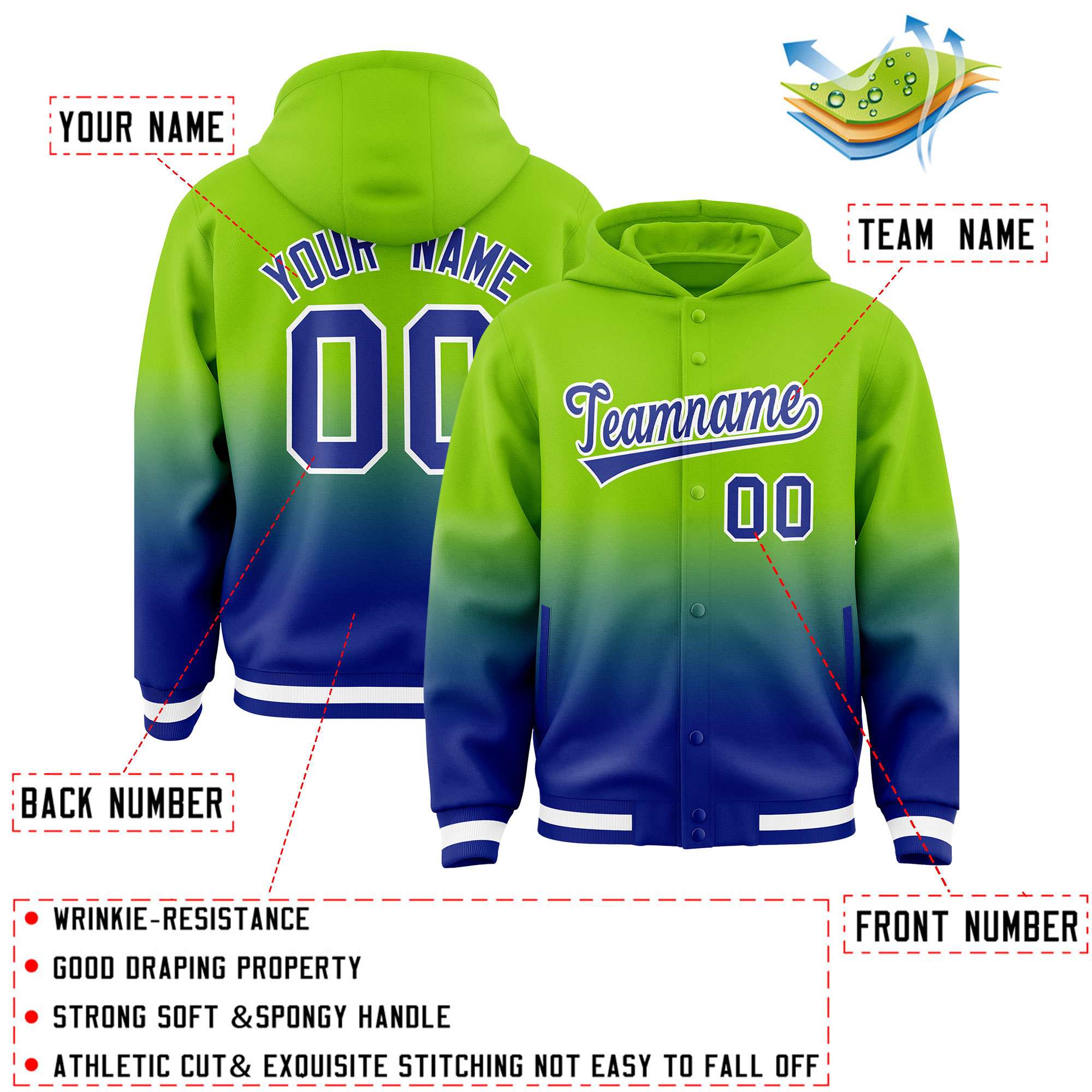 Custom Neon Green Royal Varsity Full-Snap Letterman Gradient Hoodie Jacket