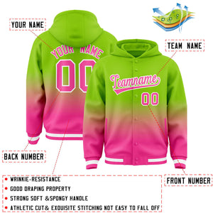 Custom Neon Green Pink Varsity Full-Snap Letterman Gradient Hoodie Jacket