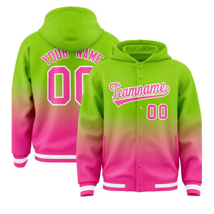 Custom Neon Green Pink Varsity Full-Snap Letterman Gradient Hoodie Jacket