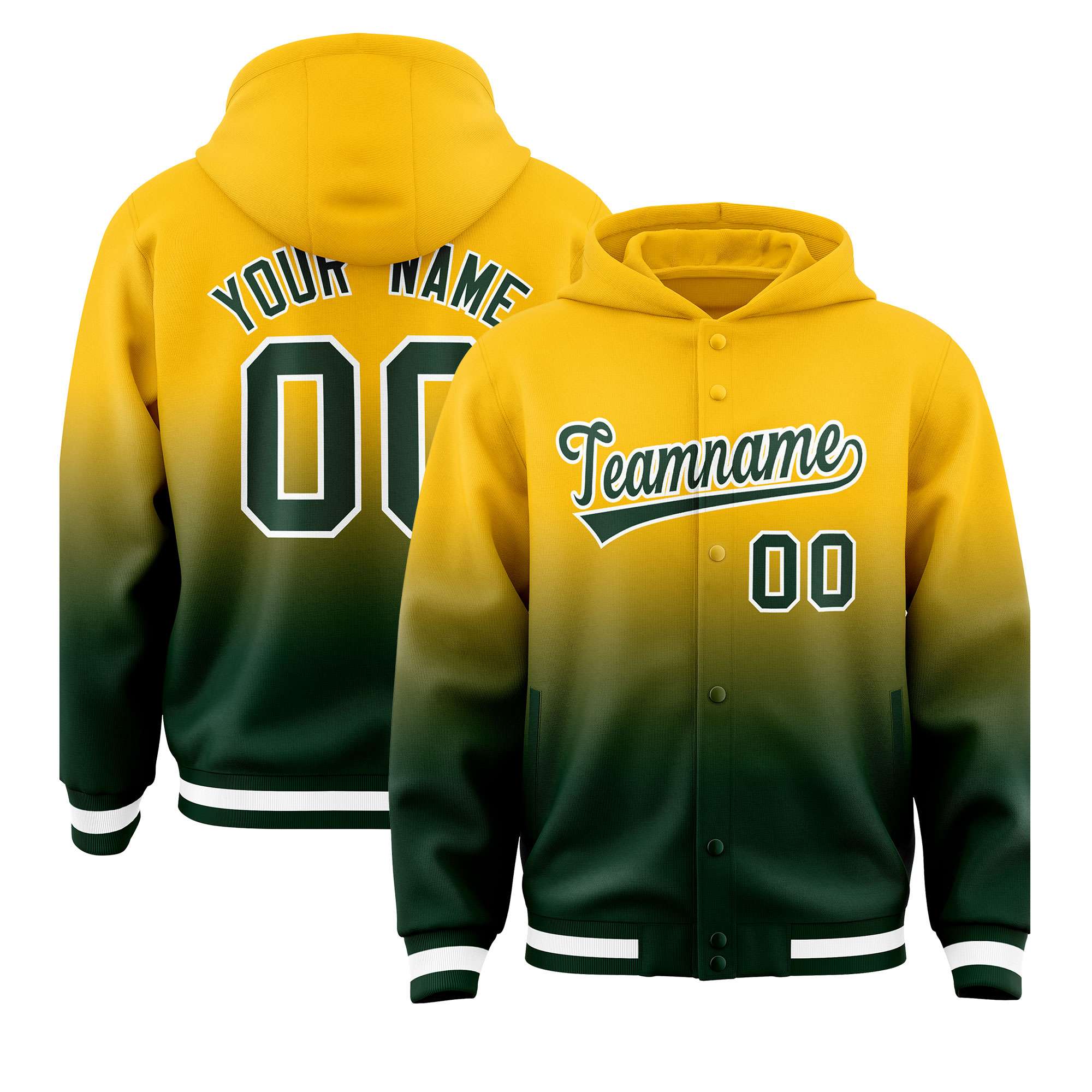 Custom Yellow Green Varsity Full-Snap Letterman Gradient Hoodie Jacket