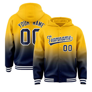 Custom Yellow Navy Varsity Full-Snap Letterman Gradient Hoodie Jacket